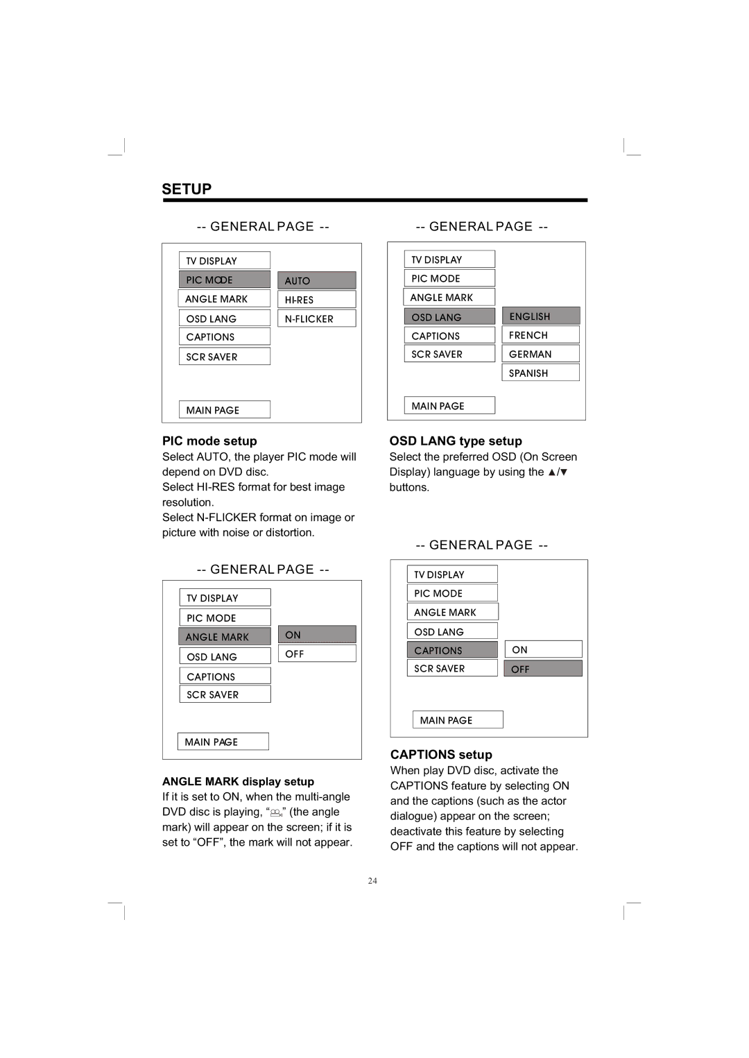 PYLE Audio PLDVD198 owner manual PIC mode setup, OSD Lang type setup, Captions setup, Angle Mark display setup 