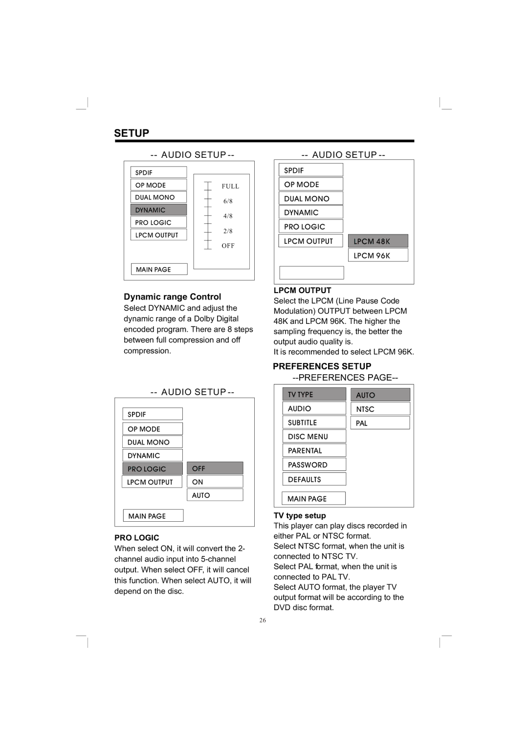 PYLE Audio PLDVD198 owner manual Dynamic range Control, Preferences Setup, PRO Logic, Lpcm Output, TV type setup 