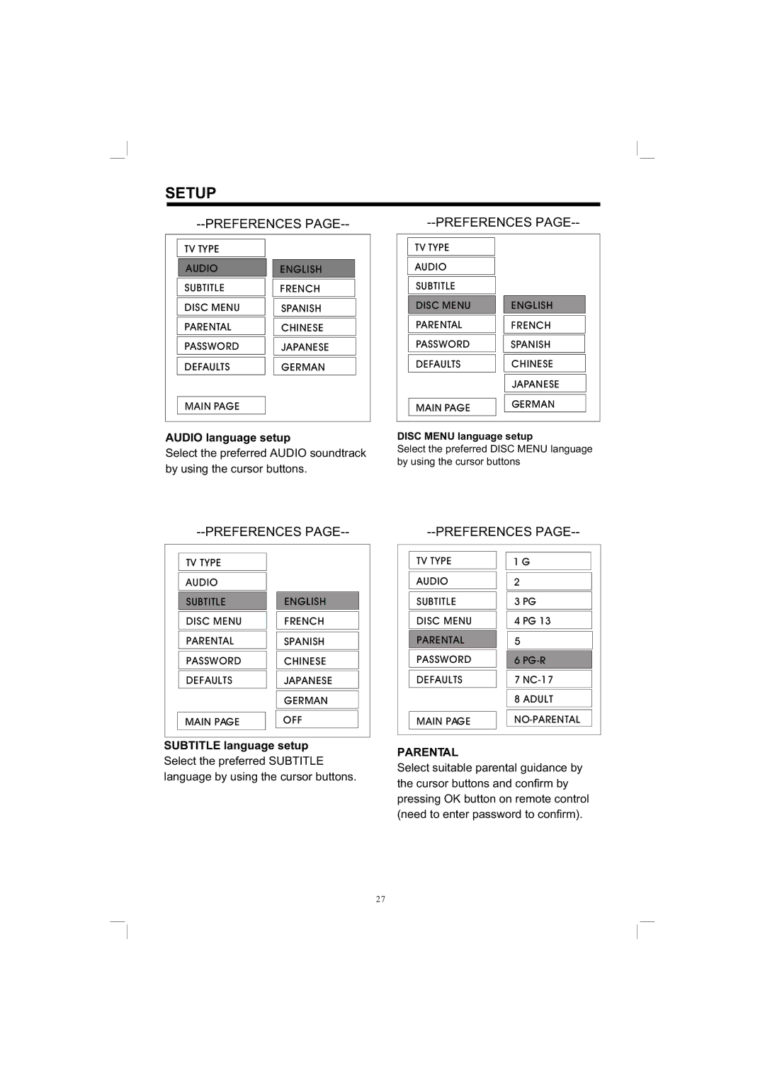 PYLE Audio PLDVD198 owner manual Audio language setup, Subtitle language setup, Parental 