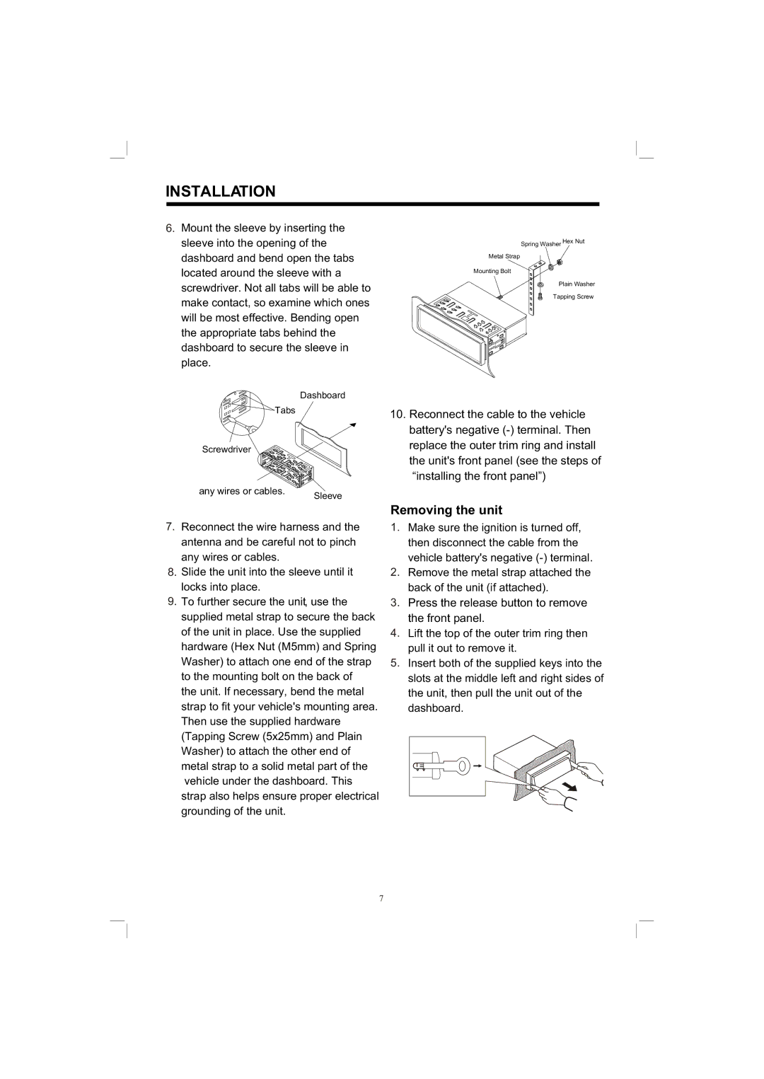 PYLE Audio PLDVD198 owner manual Removing the unit 