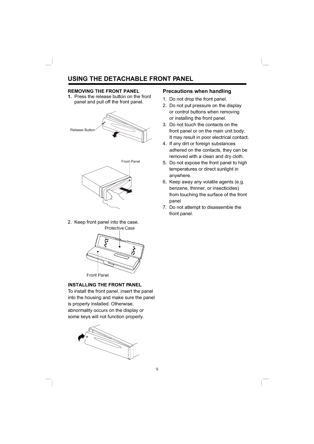 PYLE Audio PLDVD198 owner manual Using the Detachable Front Panel, Precautions when handling, Removing the Front Panel 