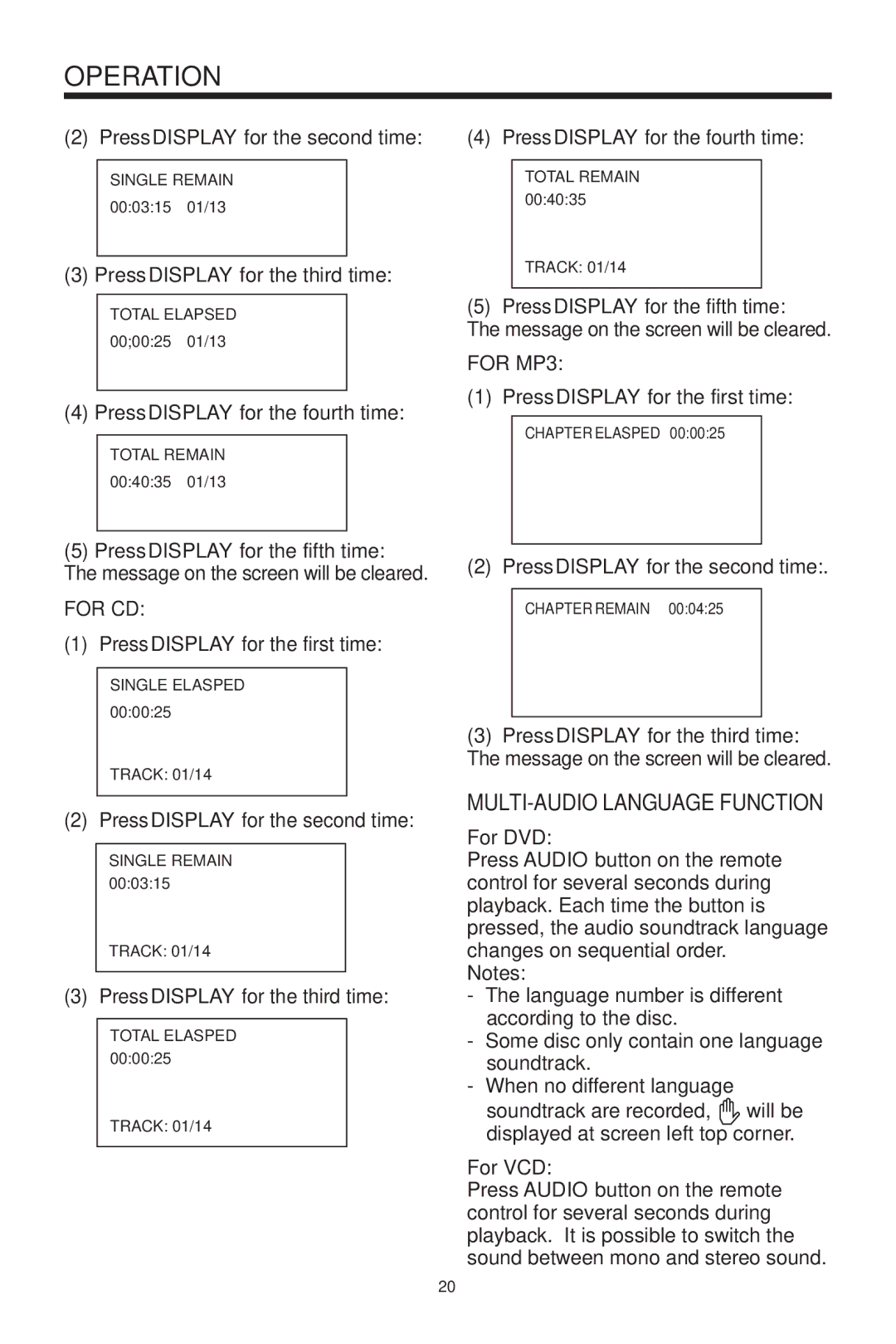 PYLE Audio PLDVD199XM owner manual MULTI-AUDIO Language Function, For DVD, For VCD 