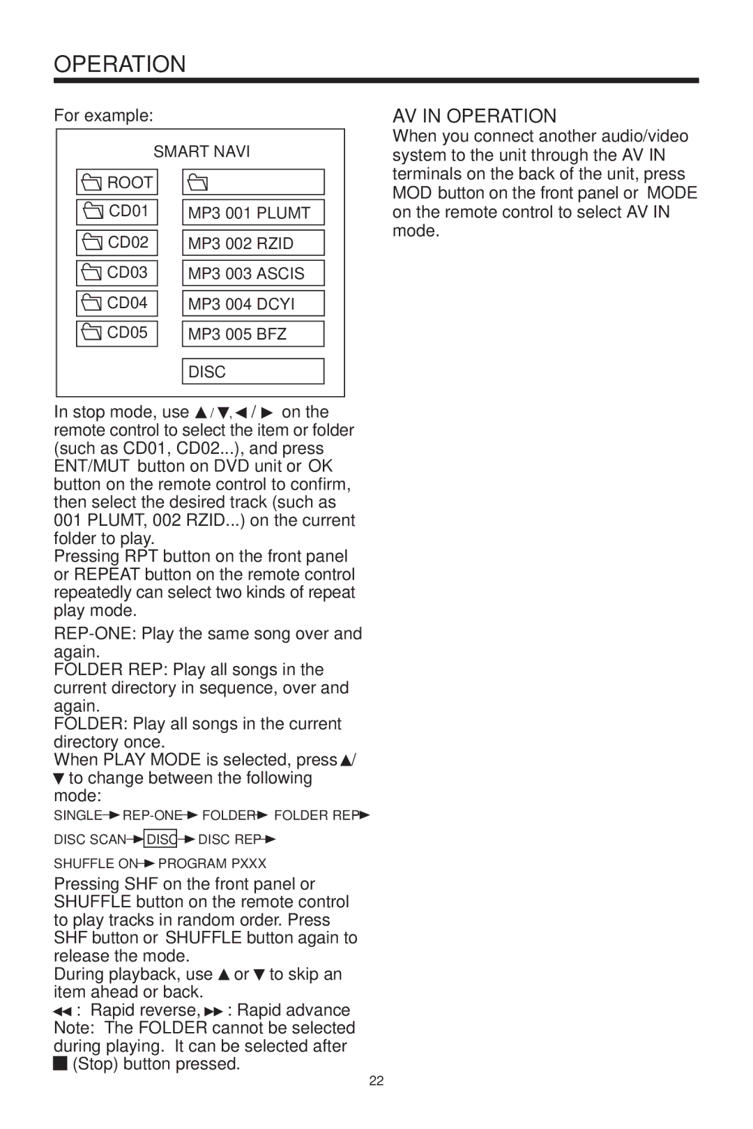 PYLE Audio PLDVD199XM owner manual AV in Operation, For example 