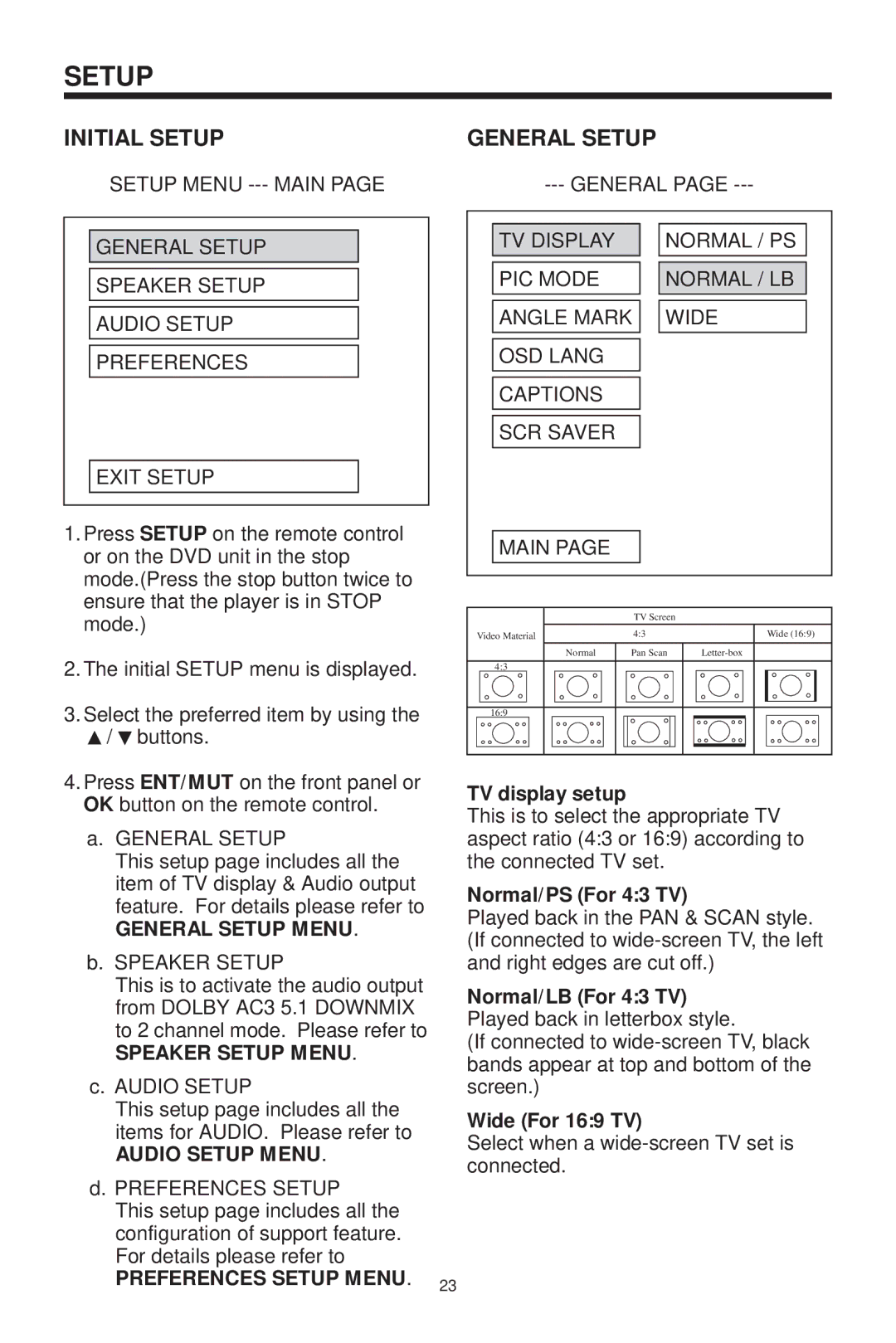 PYLE Audio PLDVD199XM owner manual Initial Setup General Setup 