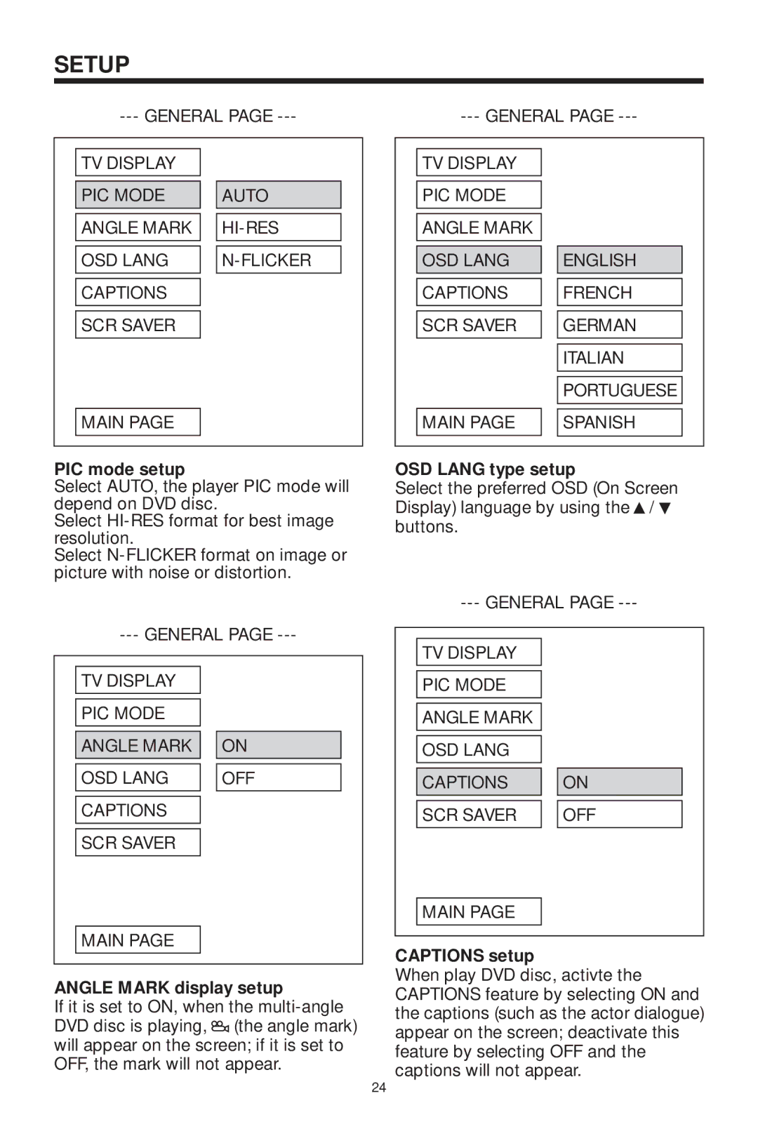 PYLE Audio PLDVD199XM owner manual PIC mode setup, Angle Mark display setup, OSD Lang type setup, Captions setup 