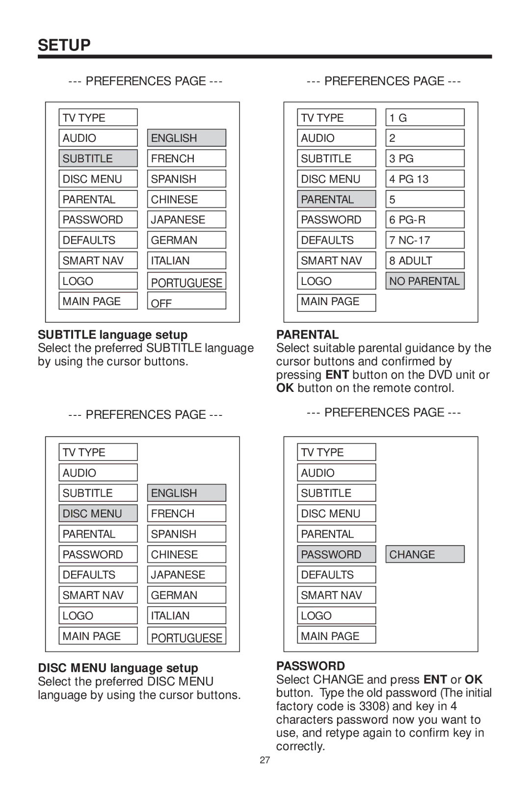 PYLE Audio PLDVD199XM owner manual Subtitle language setup, Parental, Password 