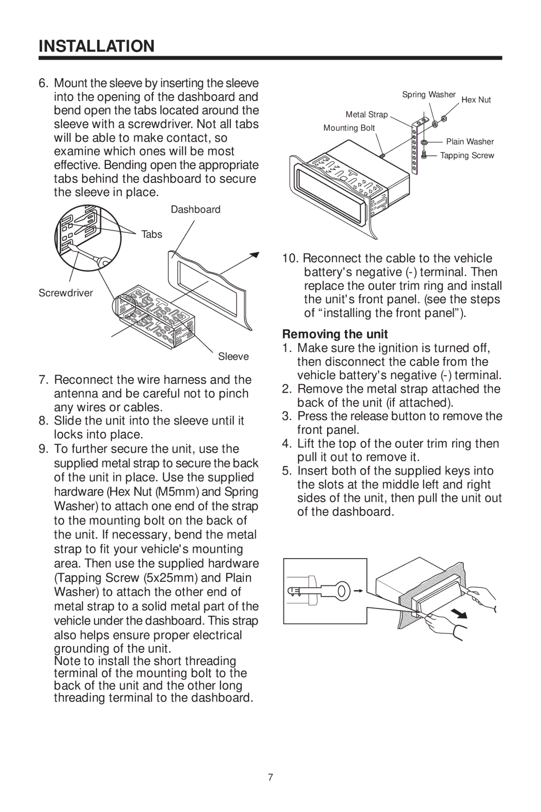 PYLE Audio PLDVD199XM owner manual Removing the unit 