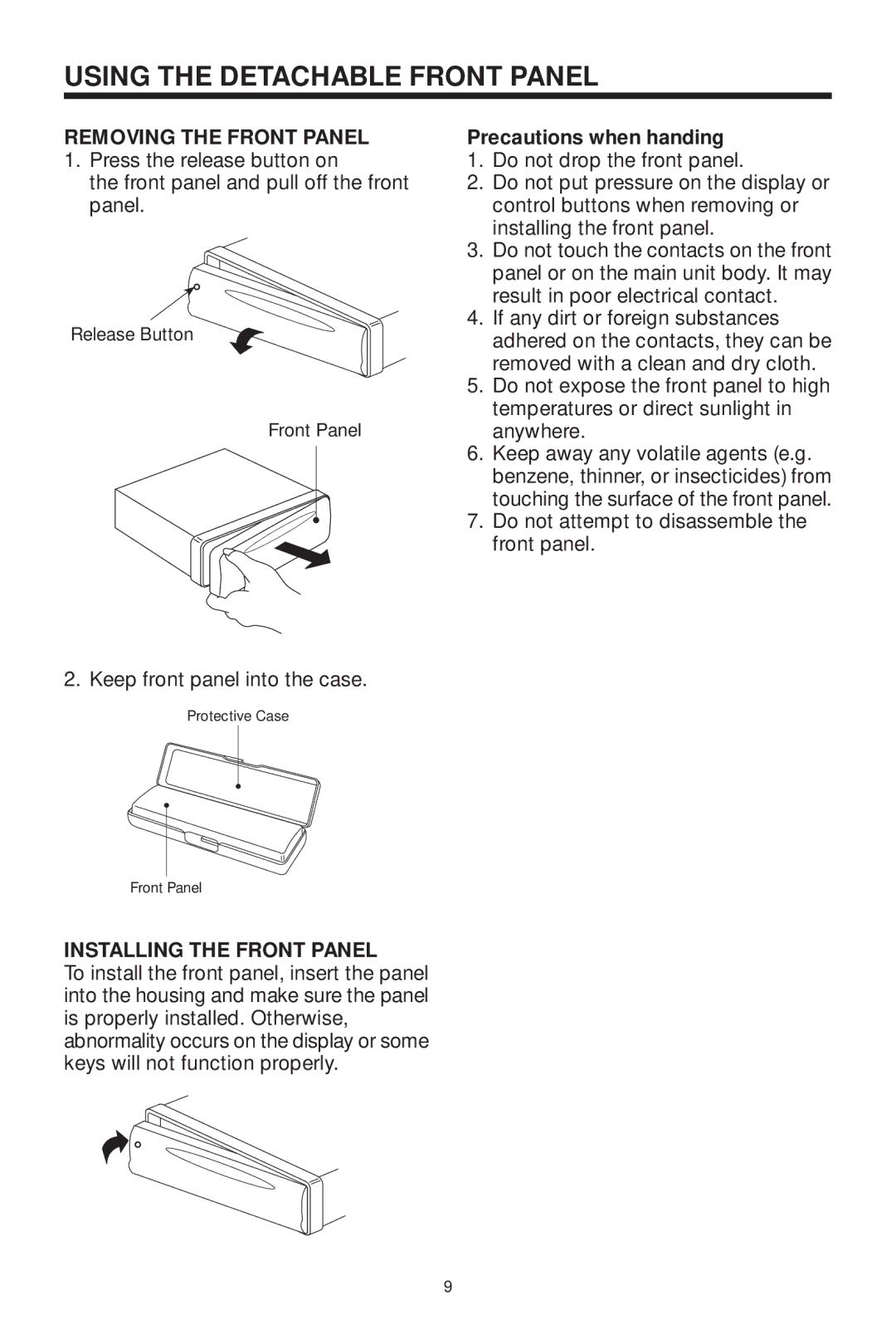 PYLE Audio PLDVD199XM owner manual Using the Detachable Front Panel, Removing the Front Panel, Installing the Front Panel 