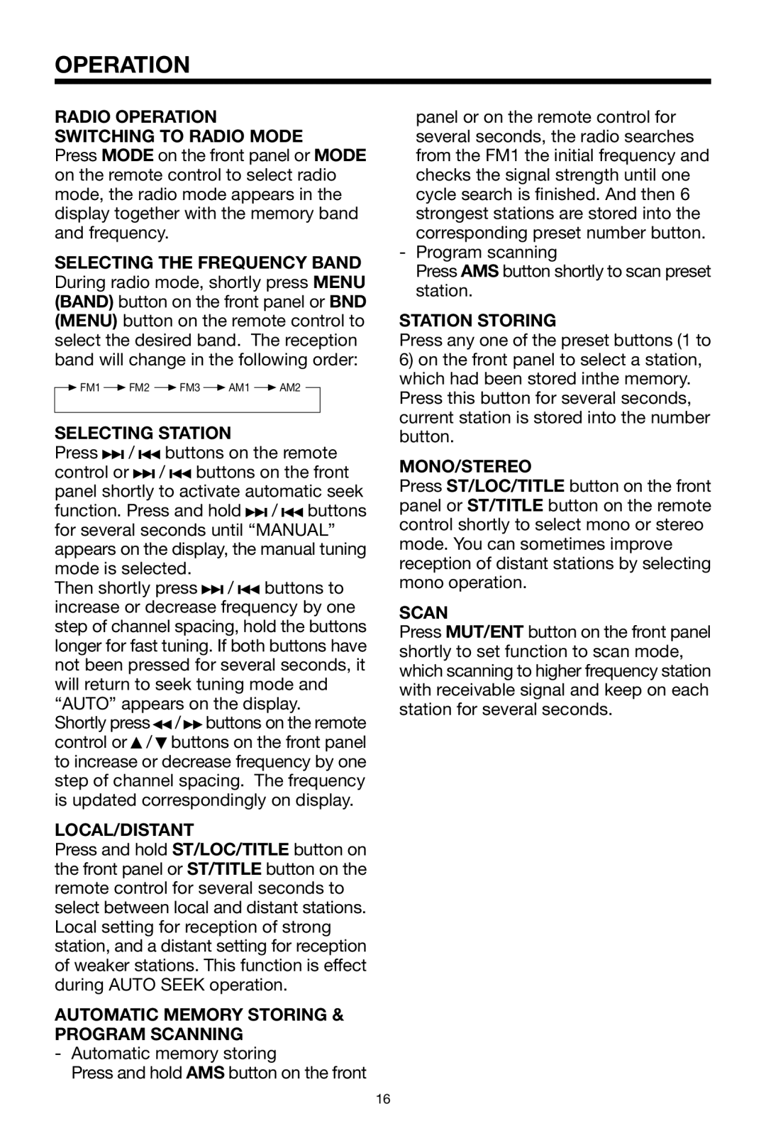 PYLE Audio PLDVD48 Radio Operation Switching to Radio Mode, Selecting Station, Local/Distant, Station Storing, Mono/Stereo 