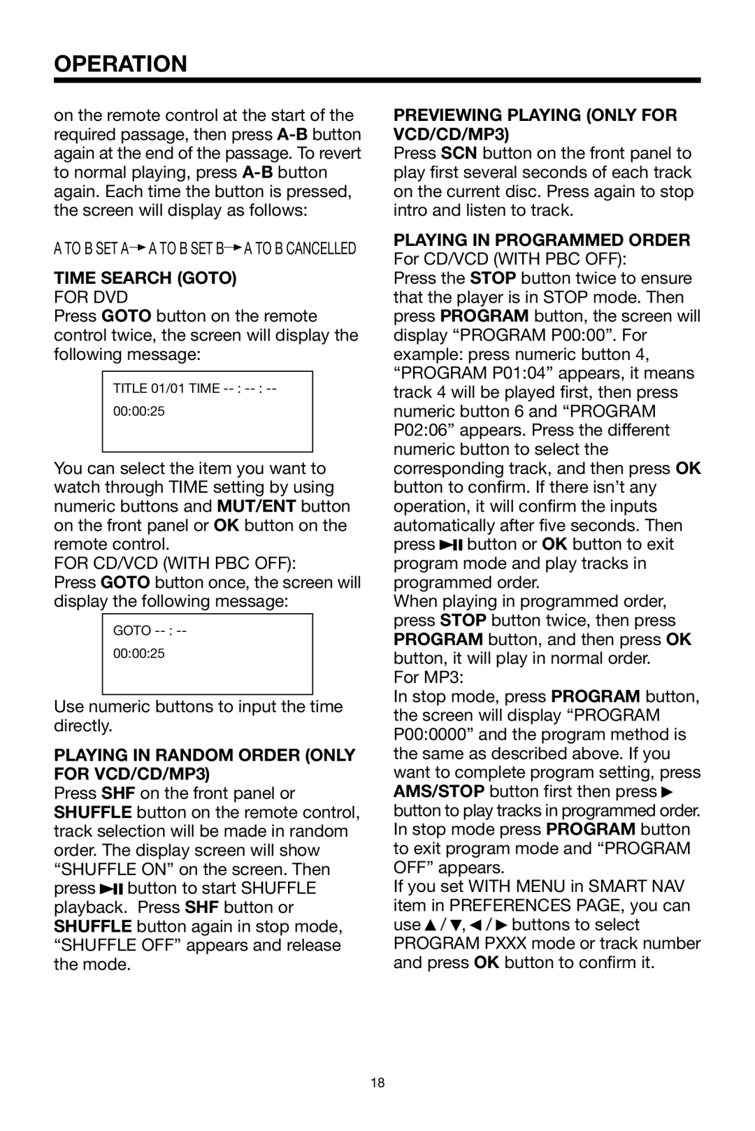 PYLE Audio PLDVD48 owner manual Time Search Goto, For CD/VCD with PBC OFF, Playing in Random Order only for VCD/CD/MP3 