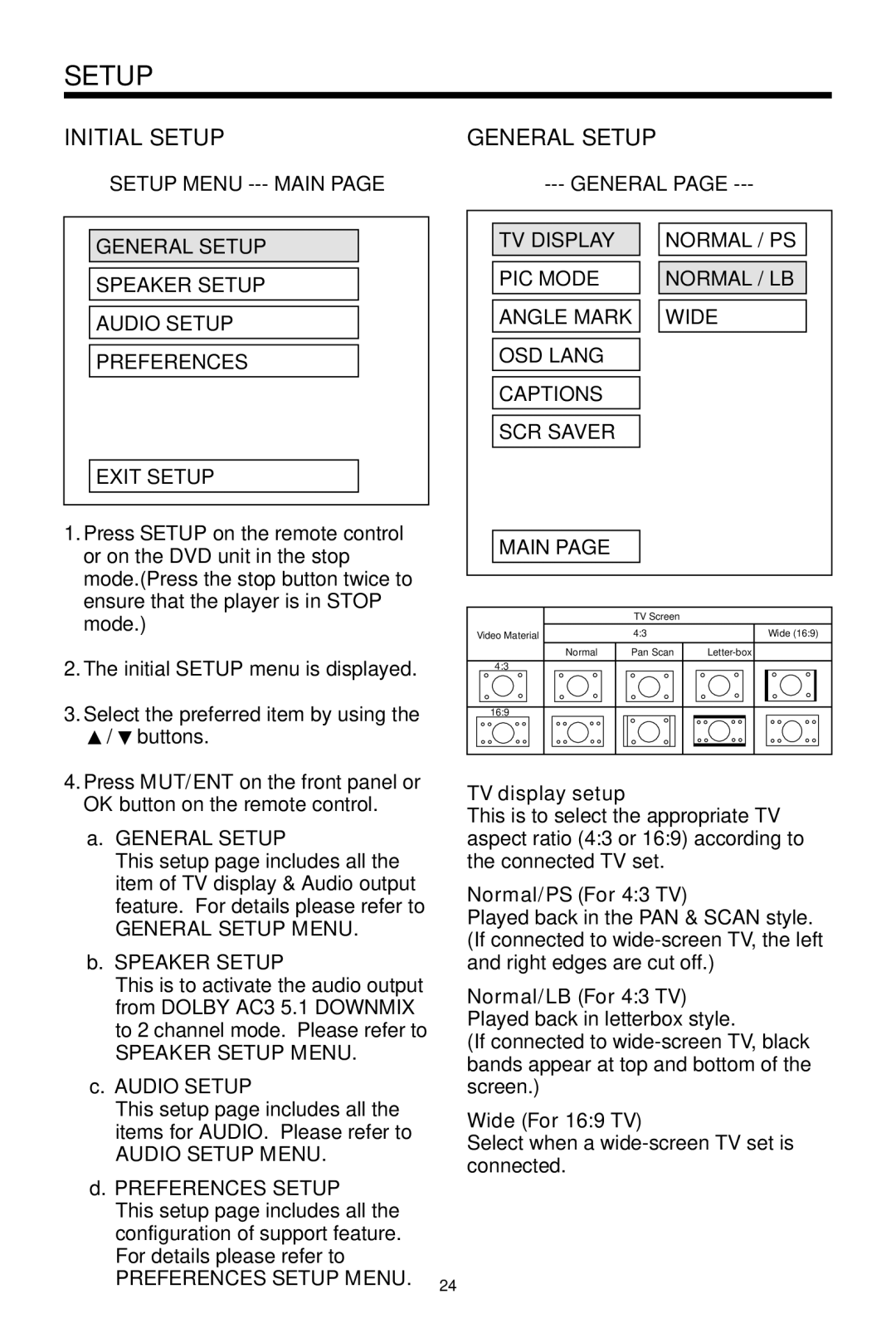 PYLE Audio PLDVD48 owner manual Initial Setup General Setup 