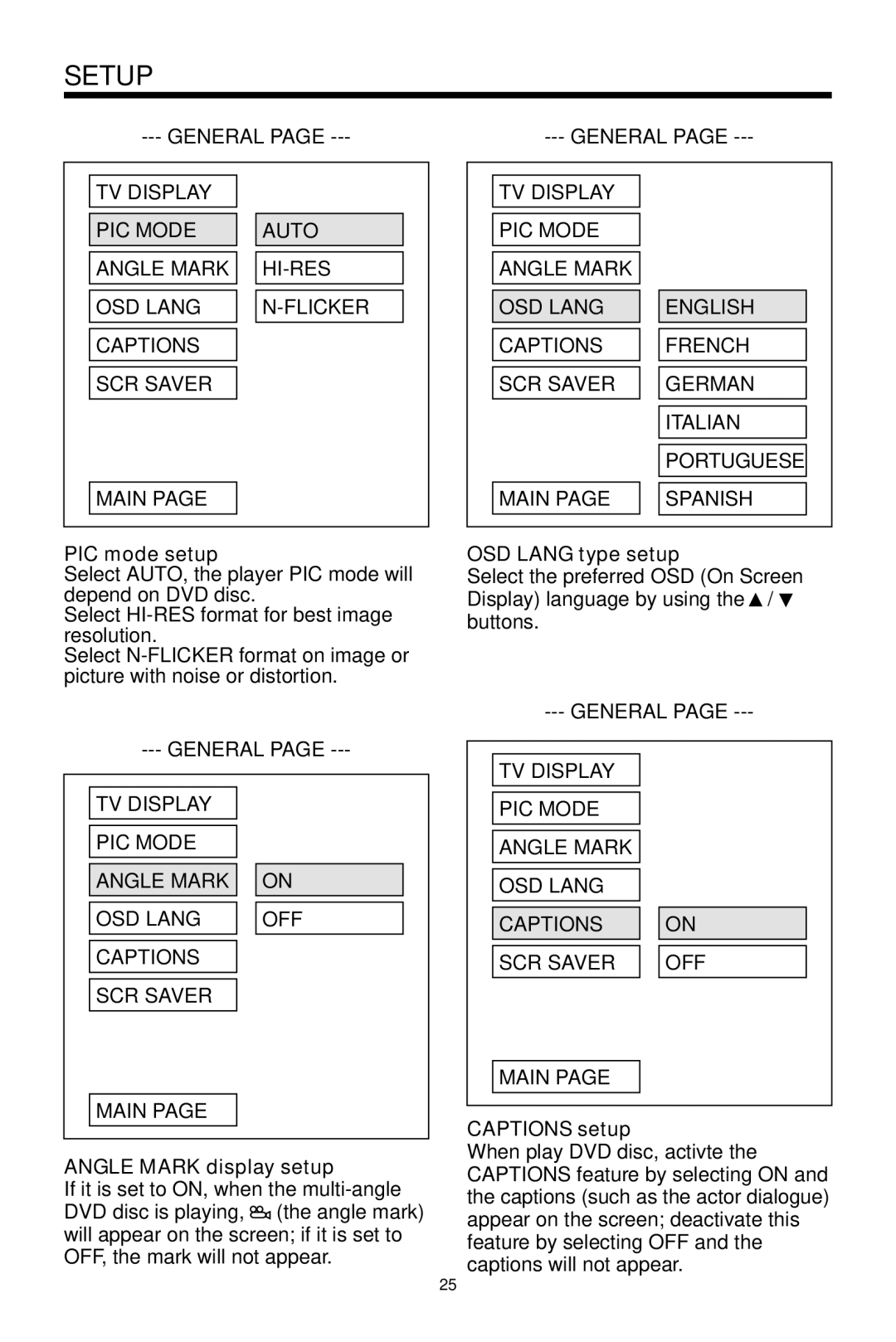 PYLE Audio PLDVD48 owner manual PIC mode setup, Angle Mark display setup, OSD Lang type setup, Captions setup 