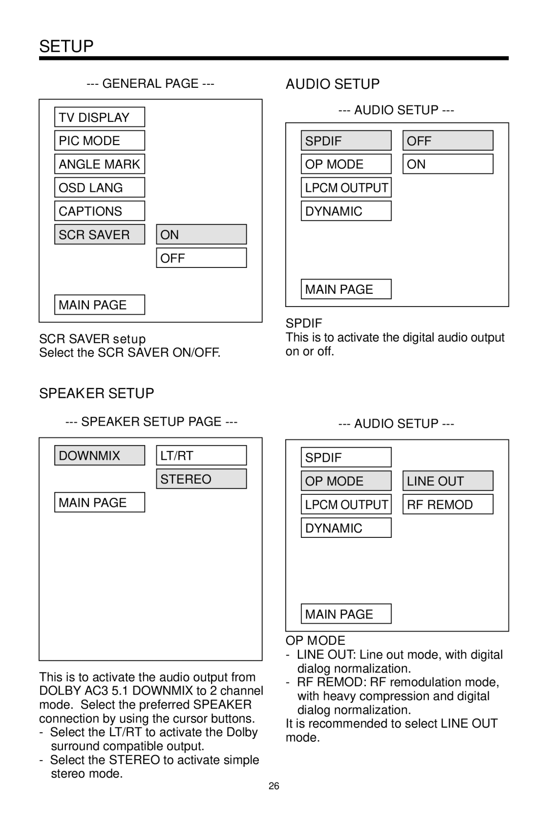 PYLE Audio PLDVD48 owner manual Speaker Setup, Audio Setup, SCR Saver setup, Spdif, OP Mode 