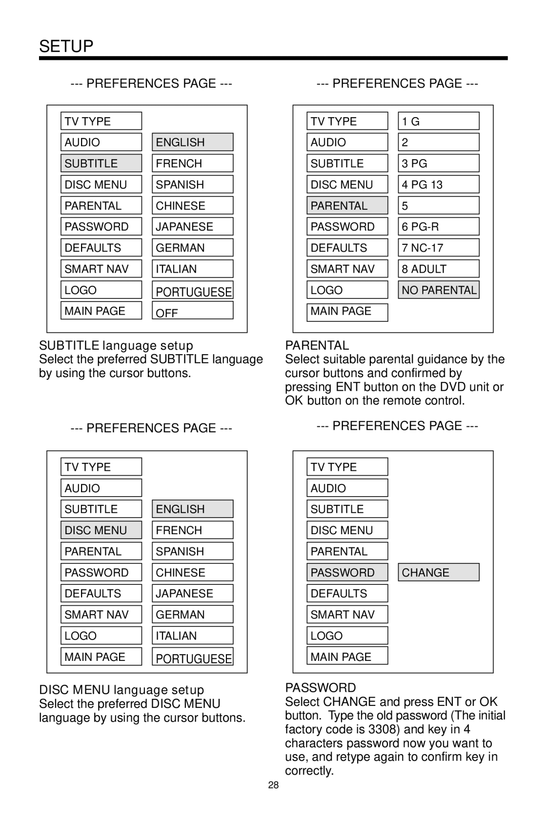 PYLE Audio PLDVD48 owner manual Subtitle language setup, Parental, Password 