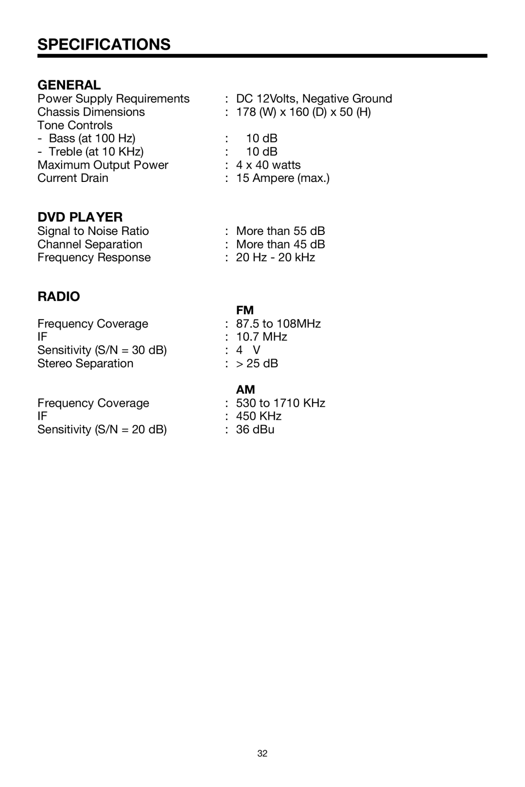 PYLE Audio PLDVD48 owner manual Specifications, General, DVD Player, Radio 