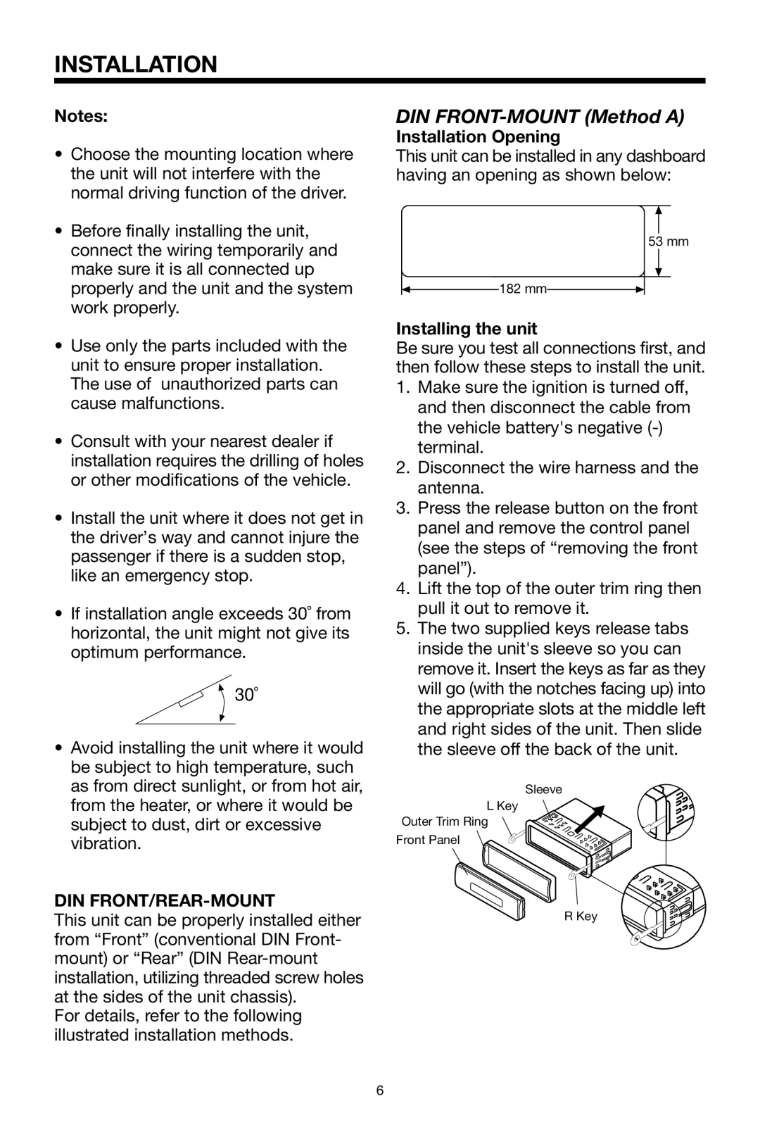 PYLE Audio PLDVD48 owner manual Din Front/Rear-Mount, Installation Opening, Installing the unit 