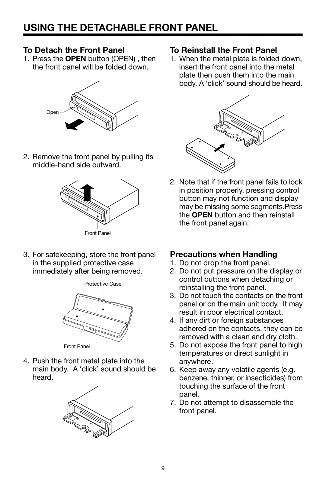 PYLE Audio PLDVD48 owner manual Using the Detachable Front Panel, To Reinstall the Front Panel 