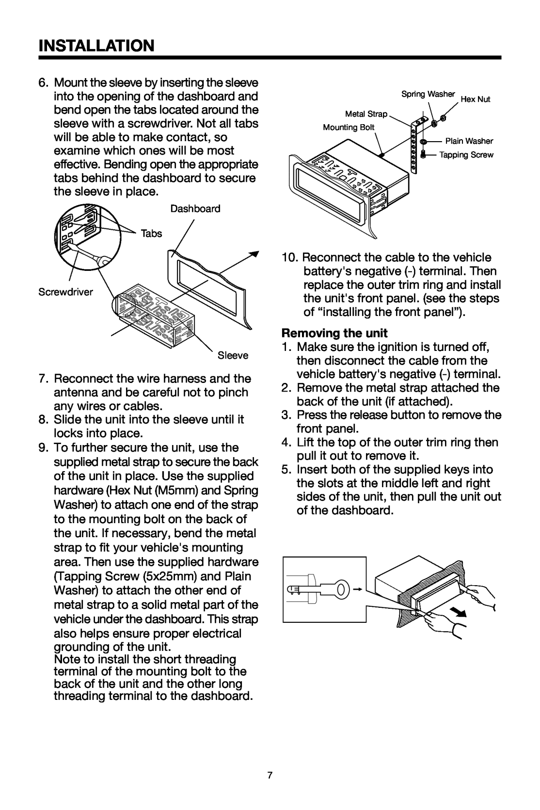 PYLE Audio PLDVD48 owner manual Removing the unit, Installation 