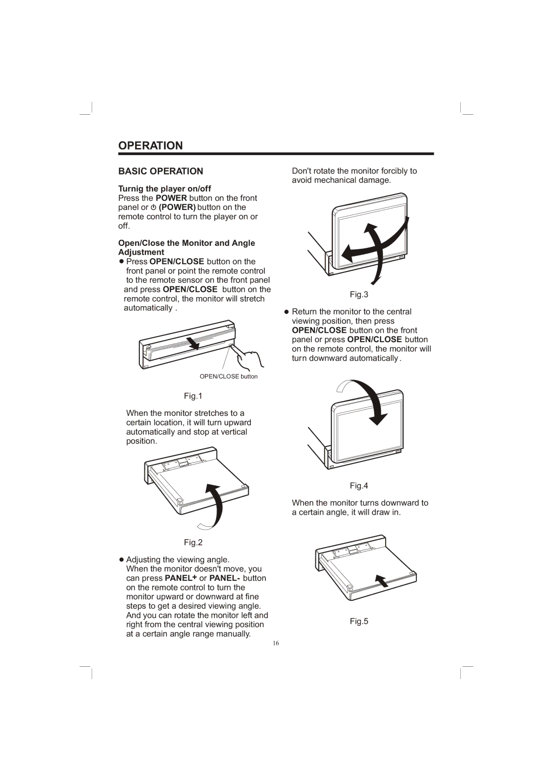 PYLE Audio PLDVD65IN Basic Operation, Turnig the player on/off, Open/Close the Monitor and Angle Adjustment 