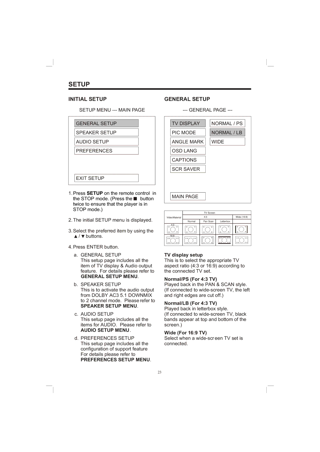 PYLE Audio PLDVD65IN owner manual Initial Setup, General Setup 