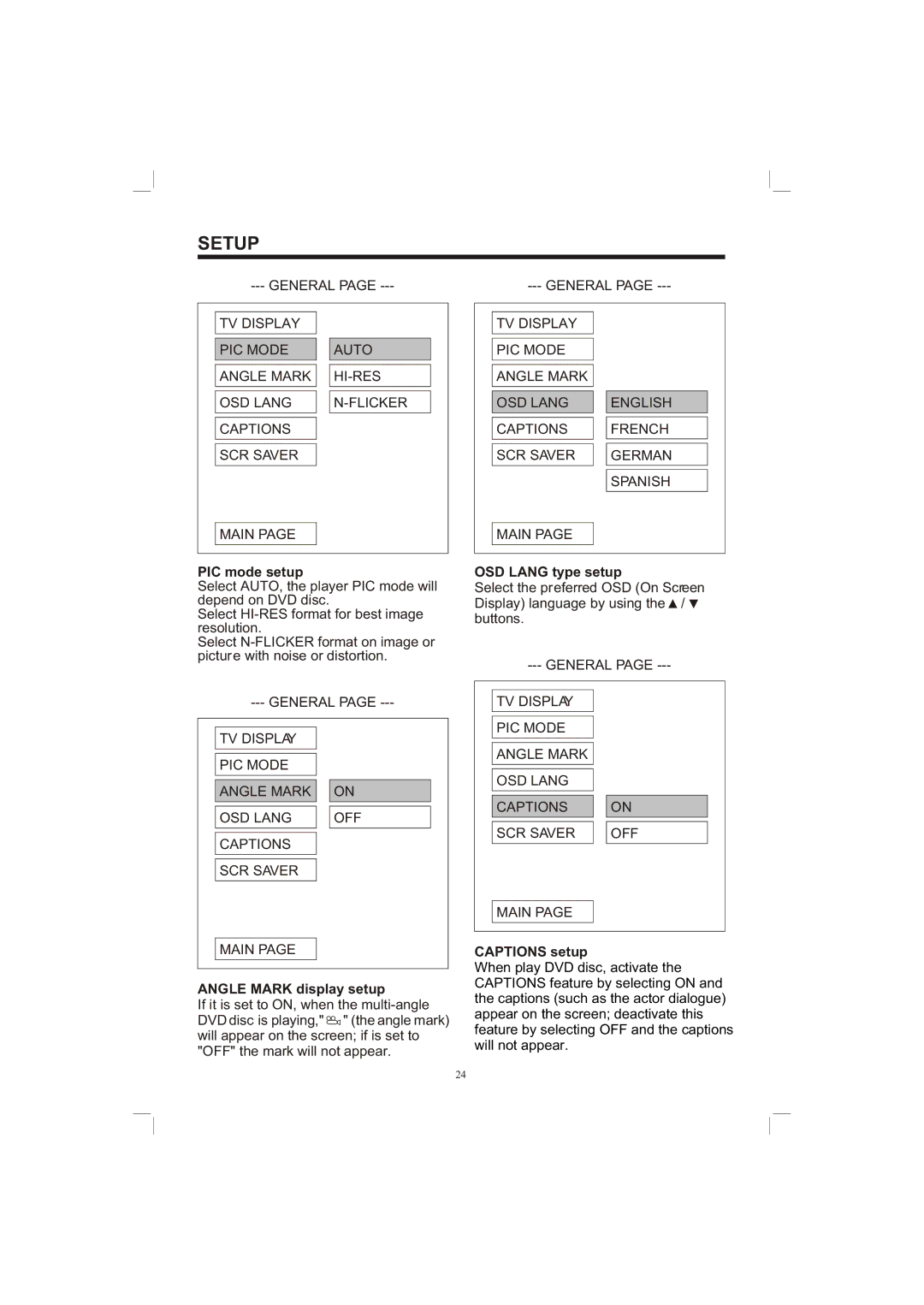 PYLE Audio PLDVD65IN owner manual PIC mode setup, Angle Mark display setup, OSD Lang type setup, Captions setup 