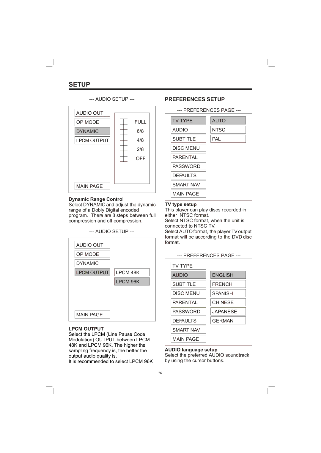 PYLE Audio PLDVD65IN Preferences Setup, Dynamic Range Control, Lpcm Output, TV type setup, Audio language setup 