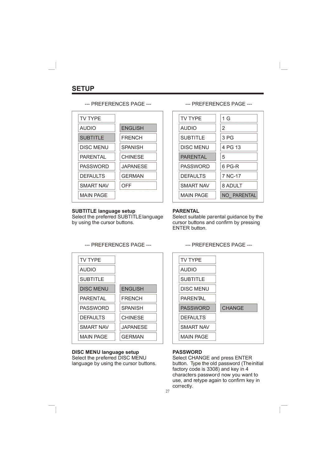 PYLE Audio PLDVD65IN owner manual Subtitle language setup, Disc Menu language setup, Parental, Password 