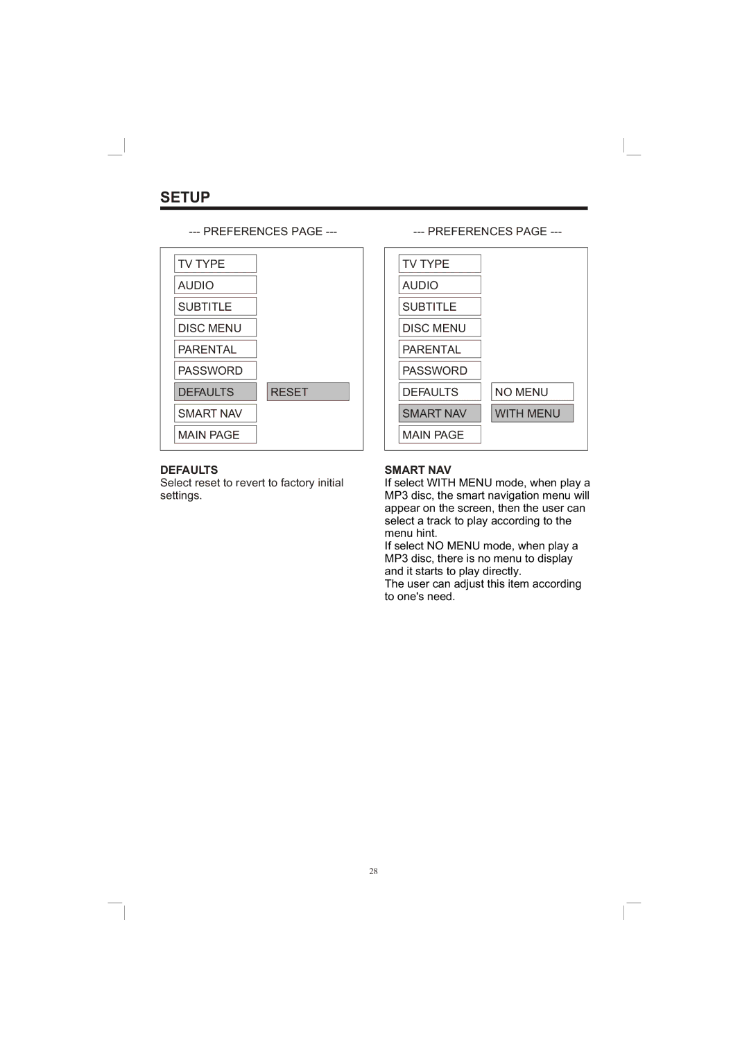 PYLE Audio PLDVD65IN owner manual Defaults, Smart NAV 