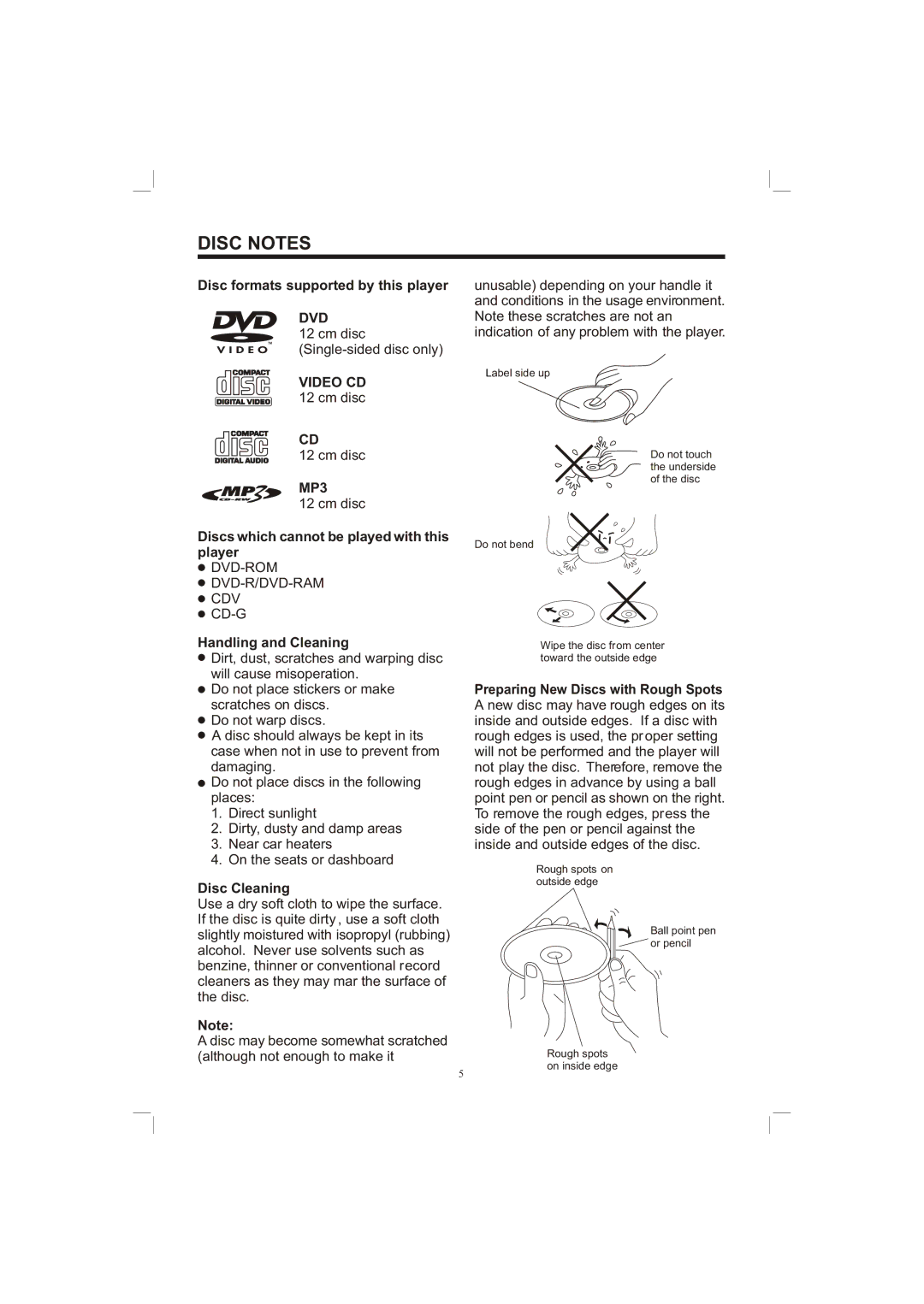 PYLE Audio PLDVD65IN owner manual Disc Notes, Dvd, Video CD, MP3 