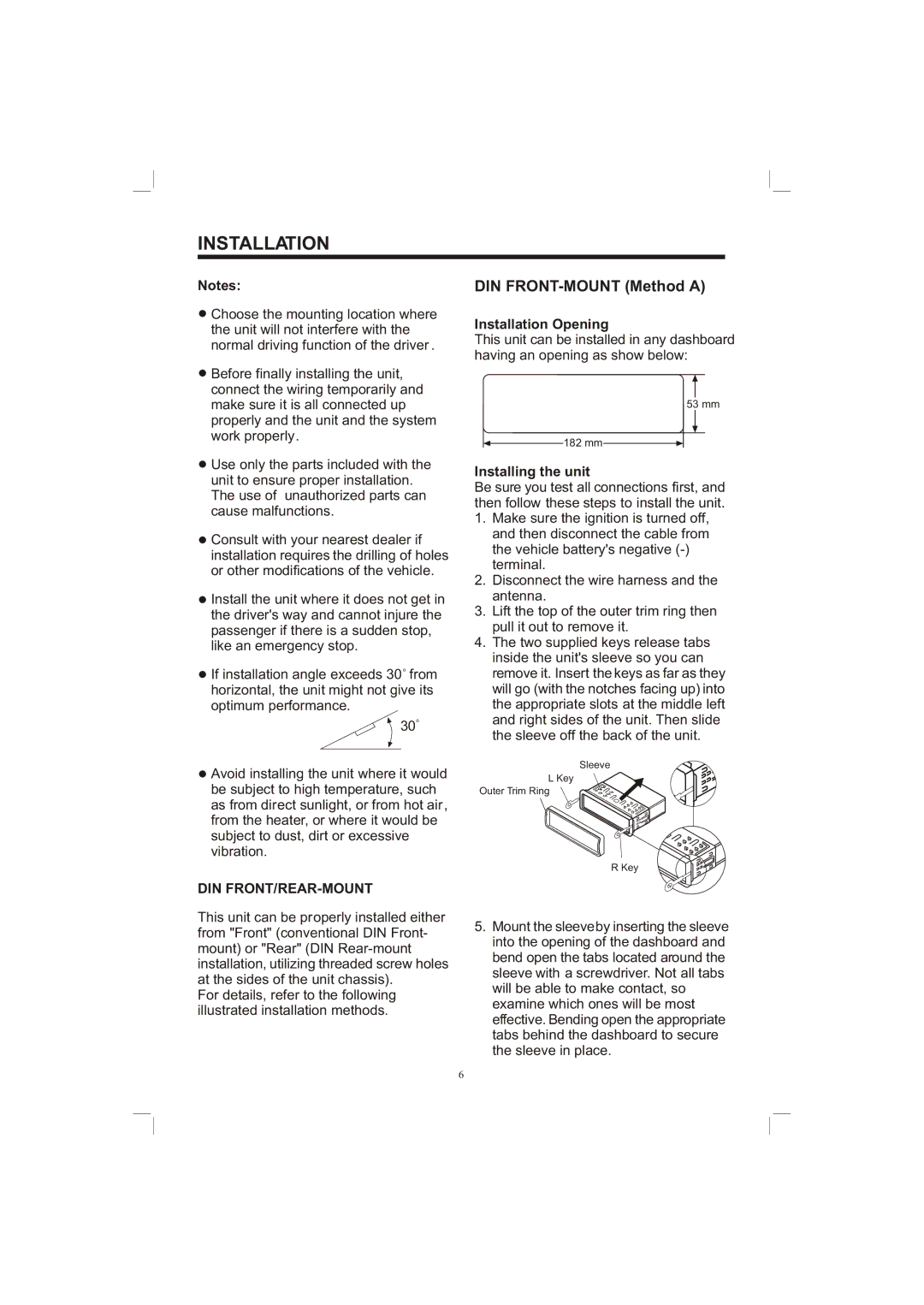 PYLE Audio PLDVD65IN DIN FRONT-MOUNT Method a, Din Front/Rear-Mount, Installation Opening, Installing the unit 