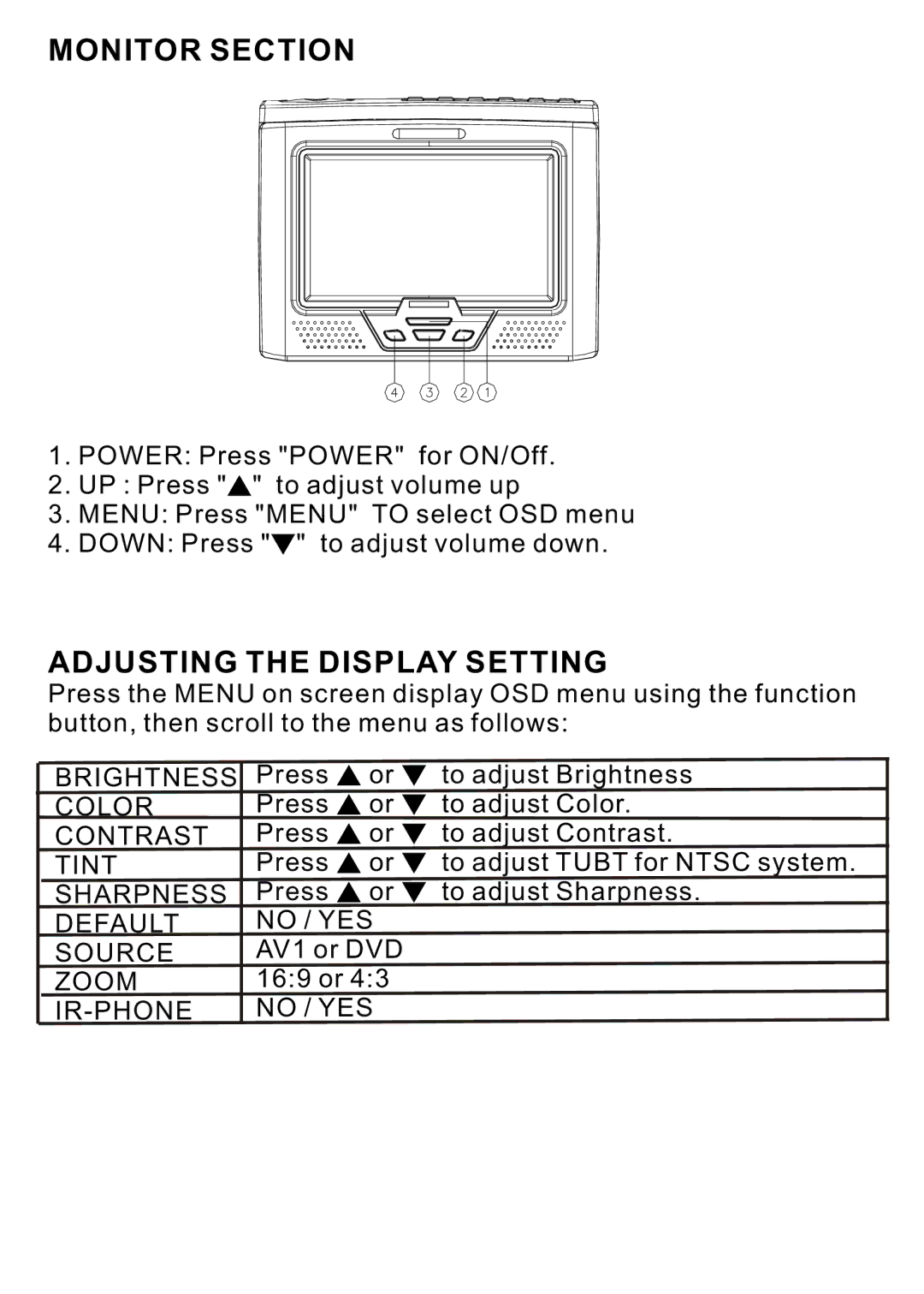 PYLE Audio PLDVD7M manual Monitor Section, Adjusting the Display Setting 