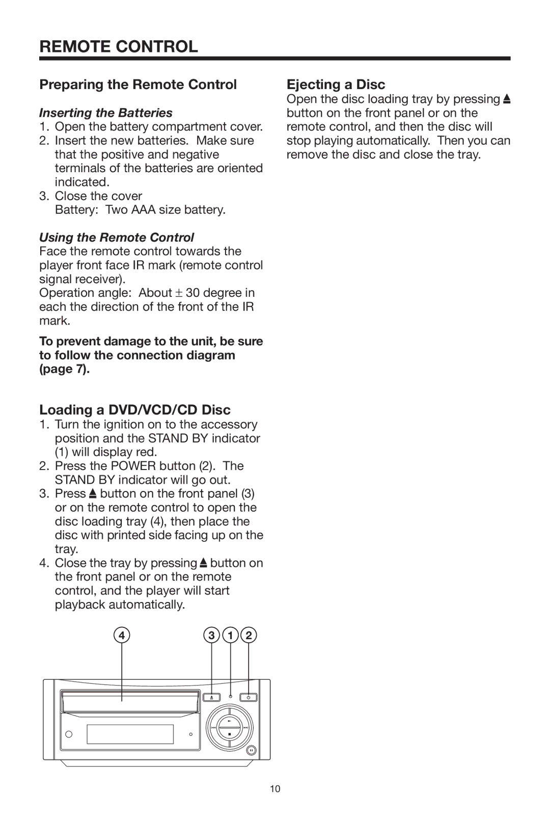 PYLE Audio PLDVD92 owner manual Preparing the Remote Control, Loading a DVD/VCD/CD Disc, Ejecting a Disc 