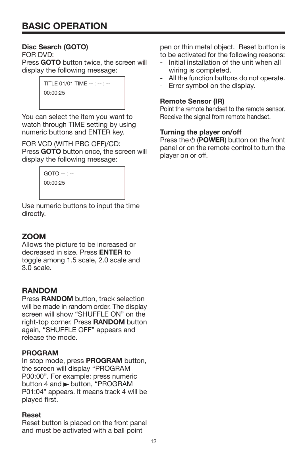 PYLE Audio PLDVD92 owner manual Zoom, Random, Program 