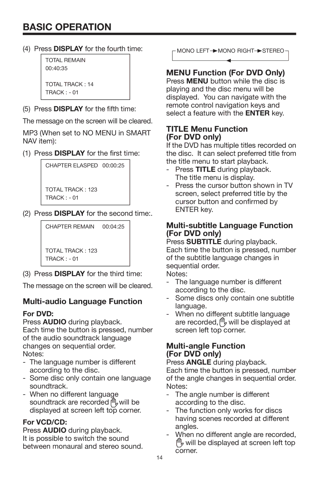 PYLE Audio PLDVD92 owner manual Multi-audio Language Function, Menu Function For DVD Only, Title Menu Function For DVD only 