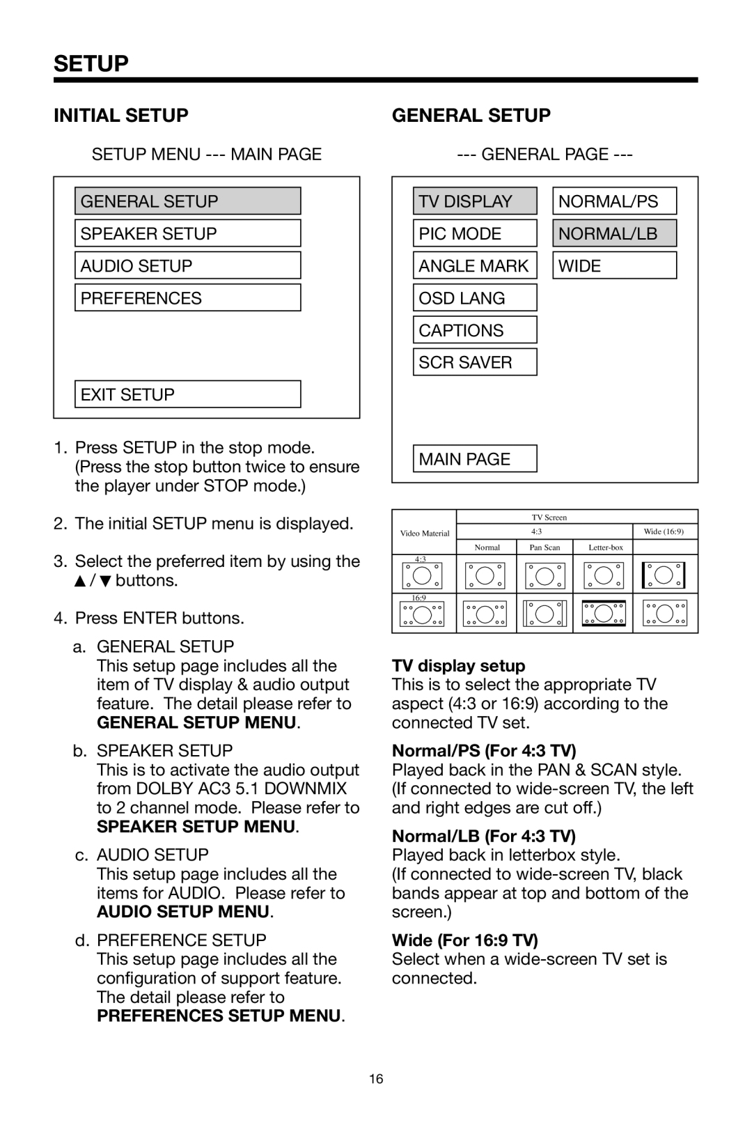 PYLE Audio PLDVD92 owner manual Initial Setup, General Setup 