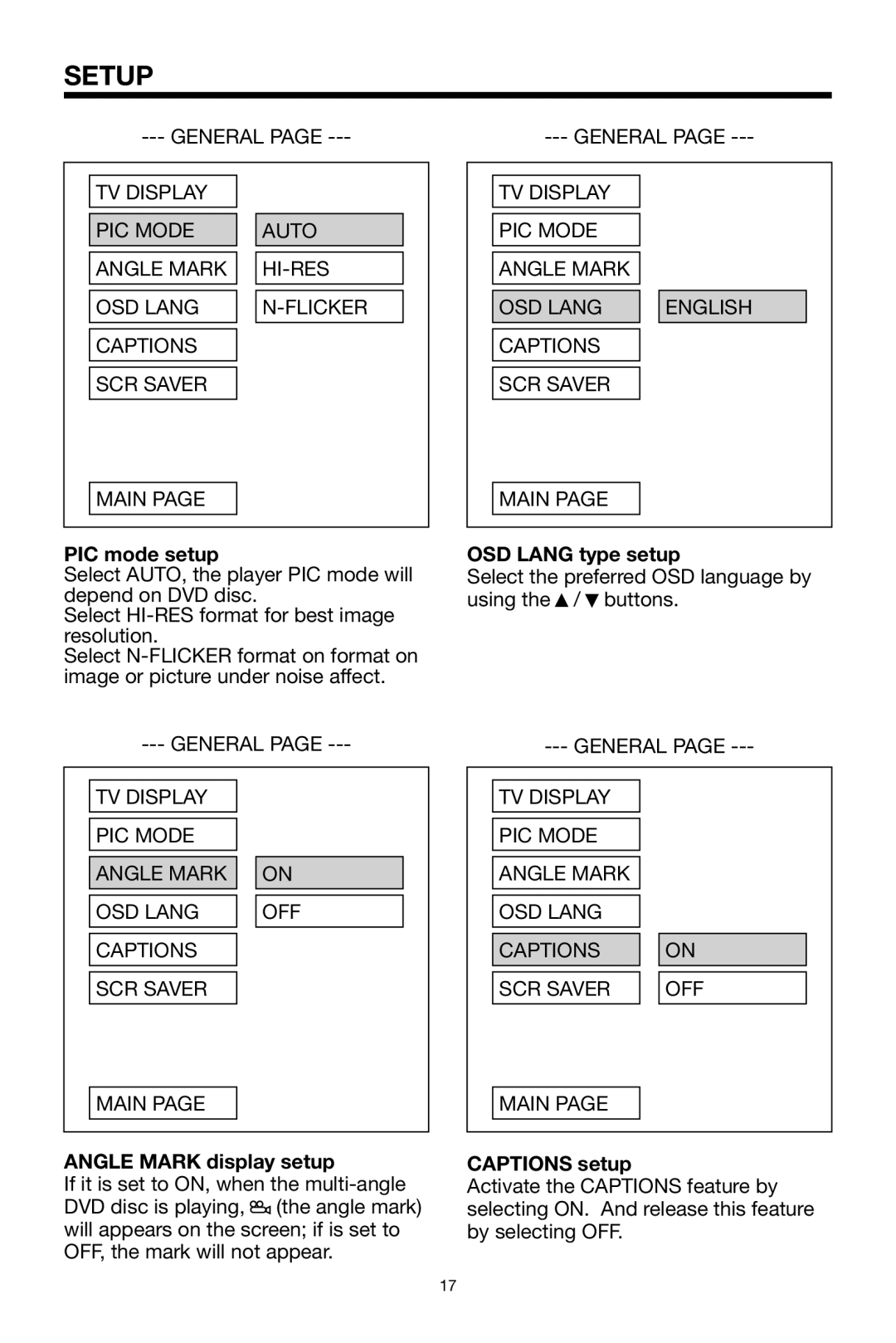 PYLE Audio PLDVD92 owner manual PIC mode setup, OSD Lang type setup, Angle Mark display setup, Captions setup 