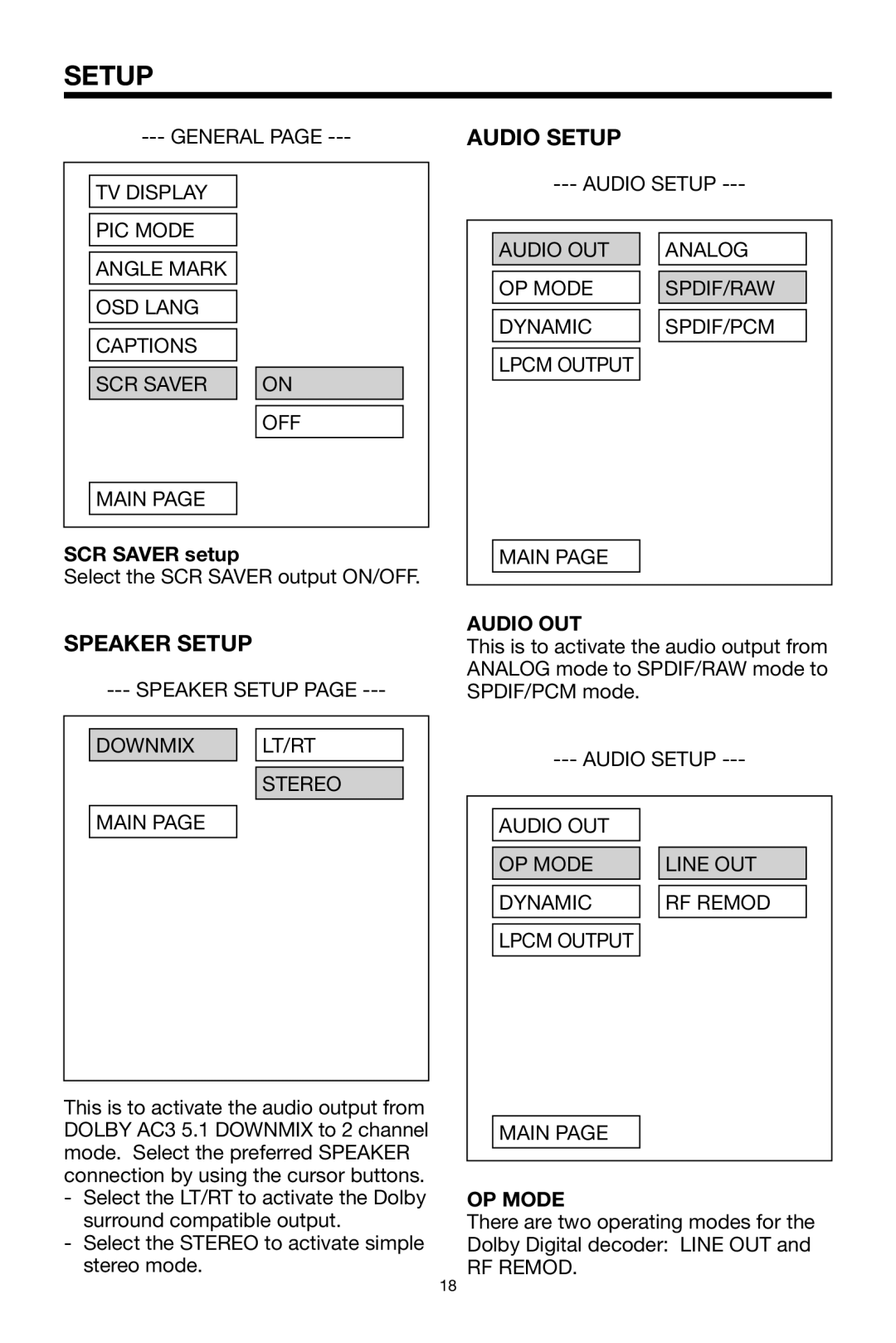 PYLE Audio PLDVD92 owner manual Audio Setup, Speaker Setup, SCR Saver setup, Audio OUT, OP Mode 