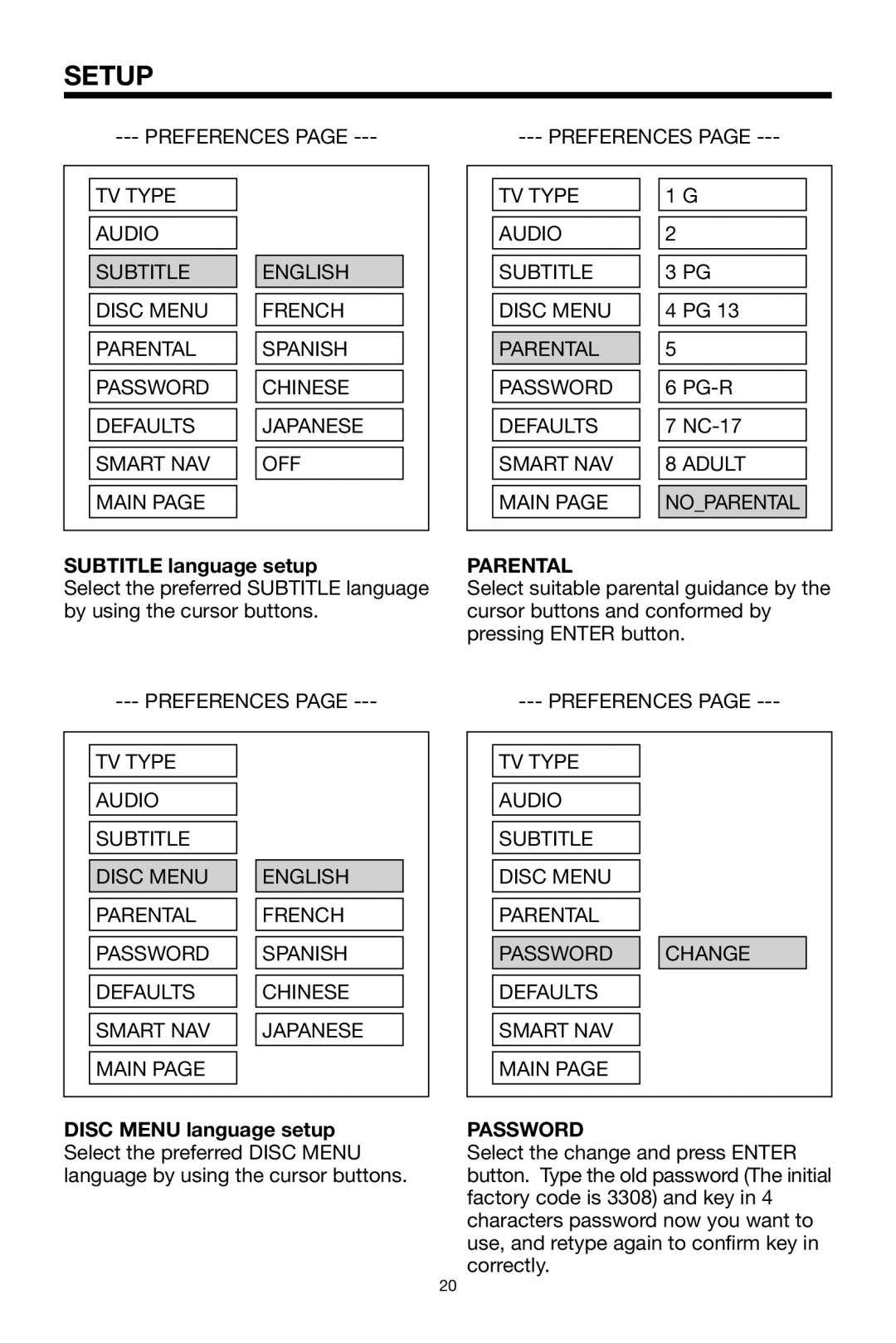 PYLE Audio PLDVD92 Subtitle language setup, TV Type Audio Subtitle Disc Menu Parental Password, Smart NAV Adult Main 