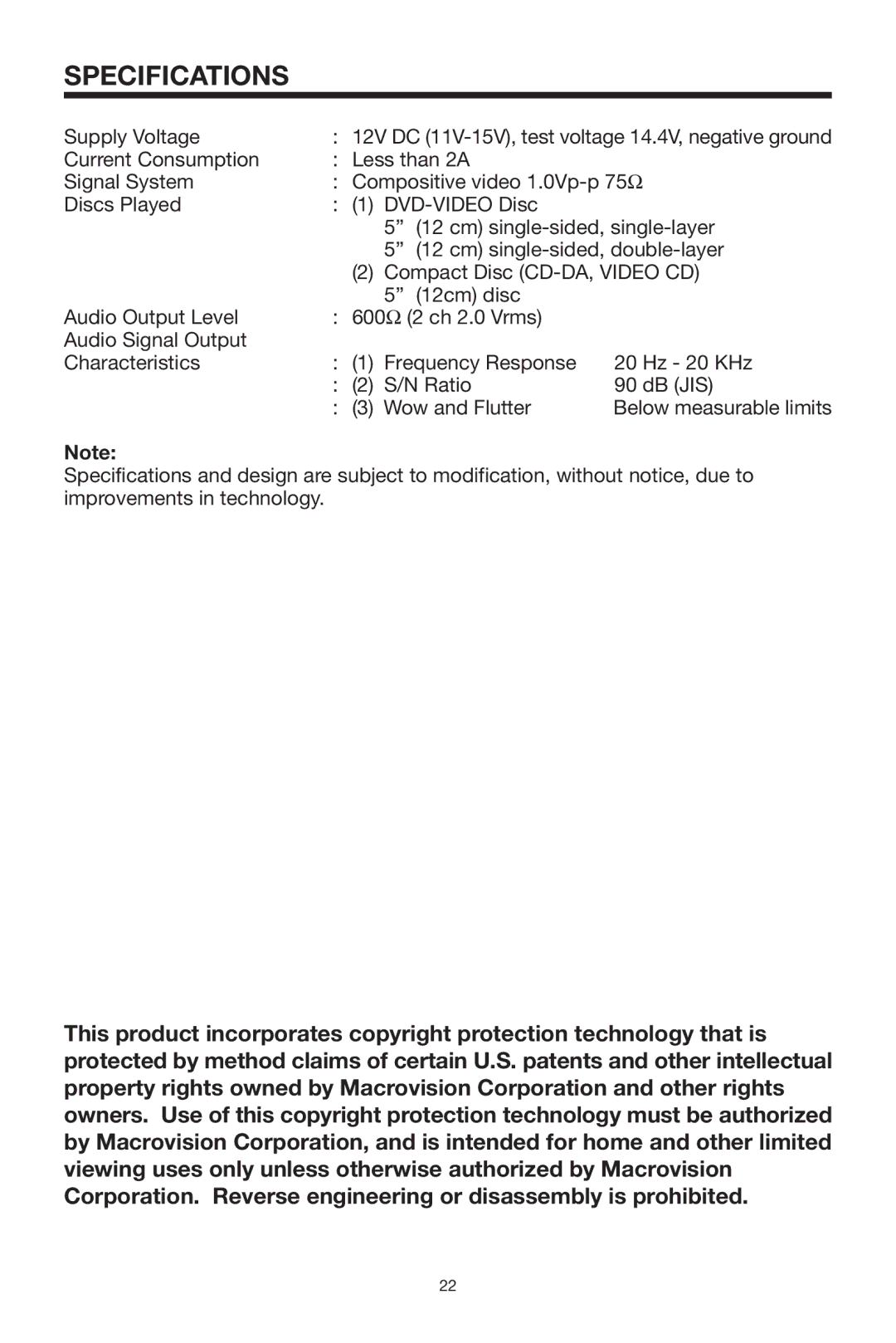 PYLE Audio PLDVD92 owner manual Specifications 