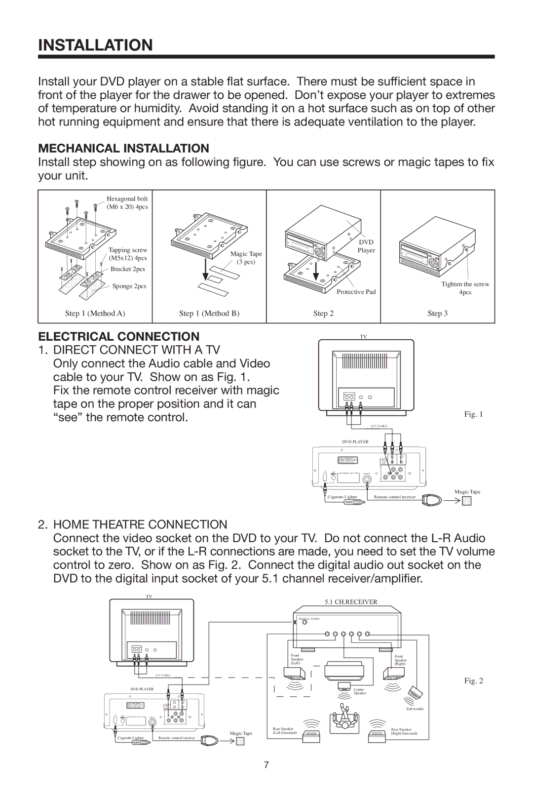 PYLE Audio PLDVD92 Mechanical Installation, Electrical Connection, Direct Connect with a TV, Home Theatre Connection 