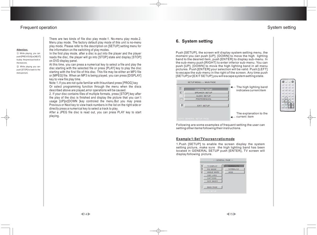 PYLE Audio PLDVD97N operating instructions Frequent operation System setting, Example 1Set TV screen ratio mode 