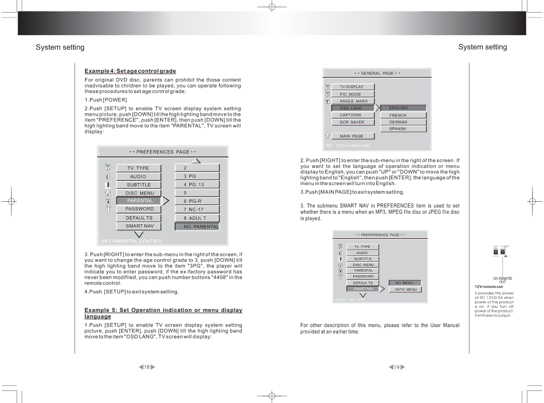 PYLE Audio PLDVD97N Example 4 Set age control grade, Example 5 Set Operation indication or menu display language 