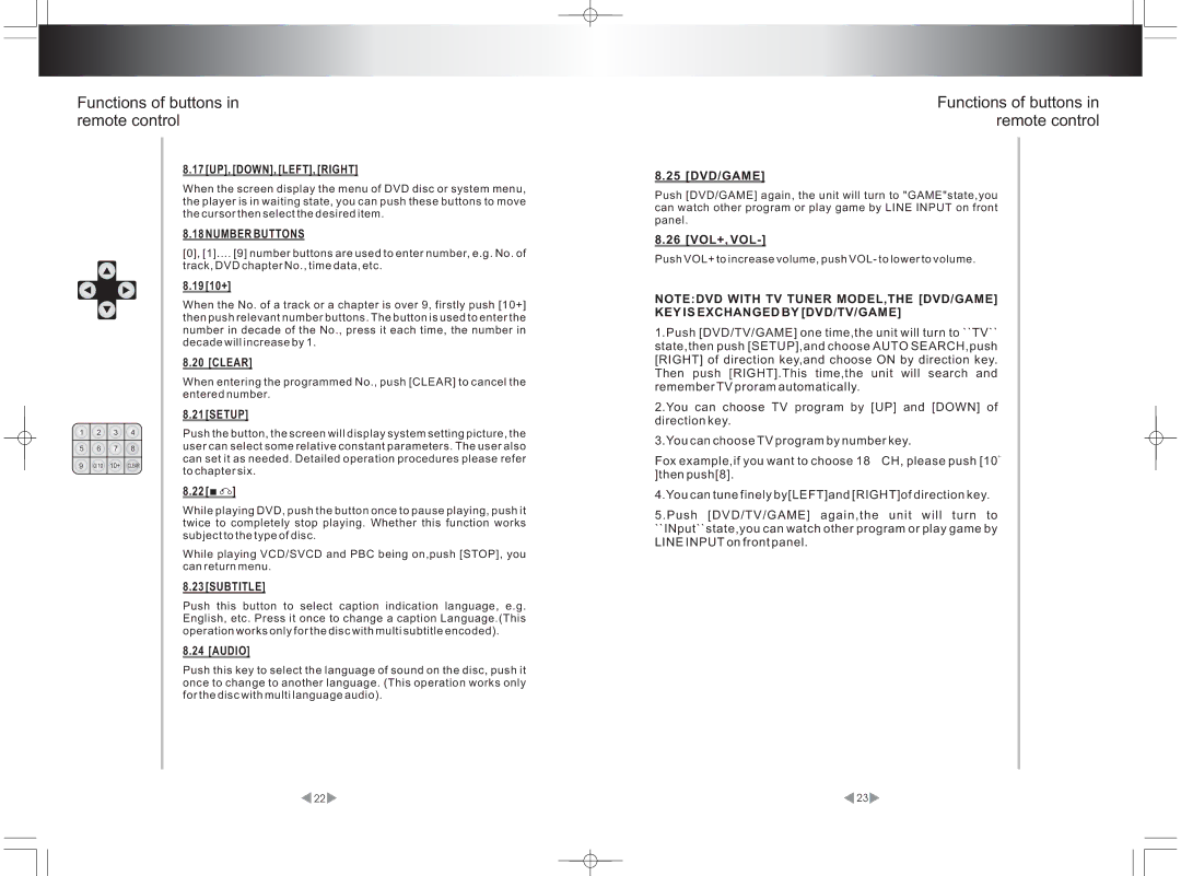 PYLE Audio PLDVD97N operating instructions 17 UP, DOWN, LEFT, Right, 19 10+, Clear, Setup, Audio, 25 DVD/GAME, 26 VOL+, VOL 