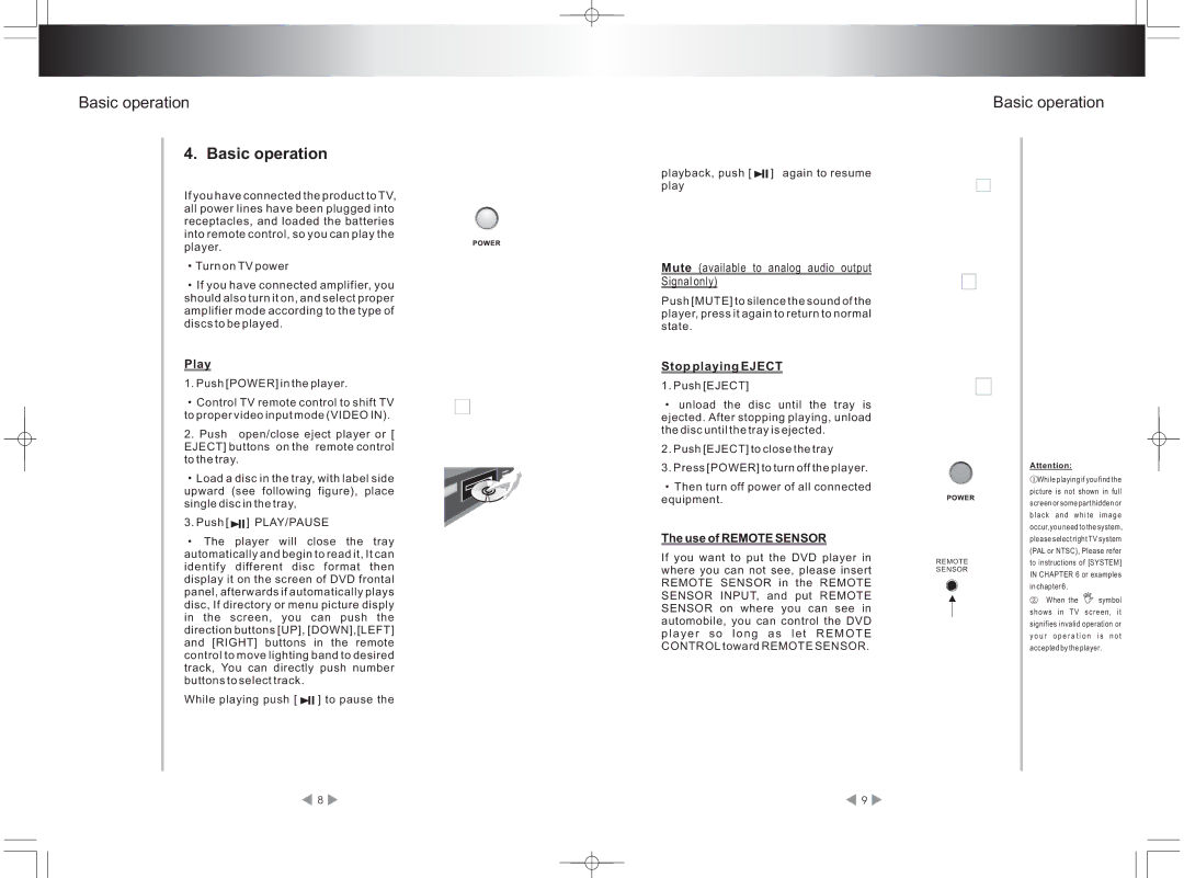 PYLE Audio PLDVD97N operating instructions Basic operation, Play, Stop playing Eject, Use of Remote Sensor 