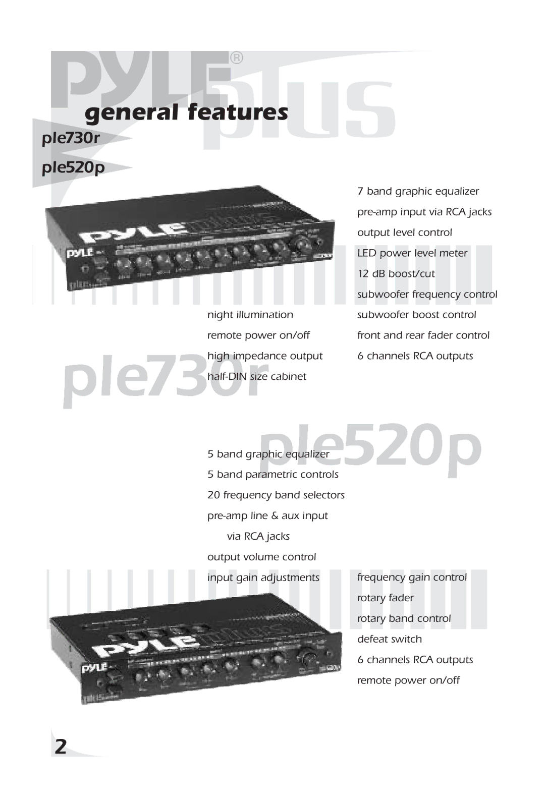 PYLE Audio PLE730R, PLE520P owner manual General features, Ple730r Ple520p 