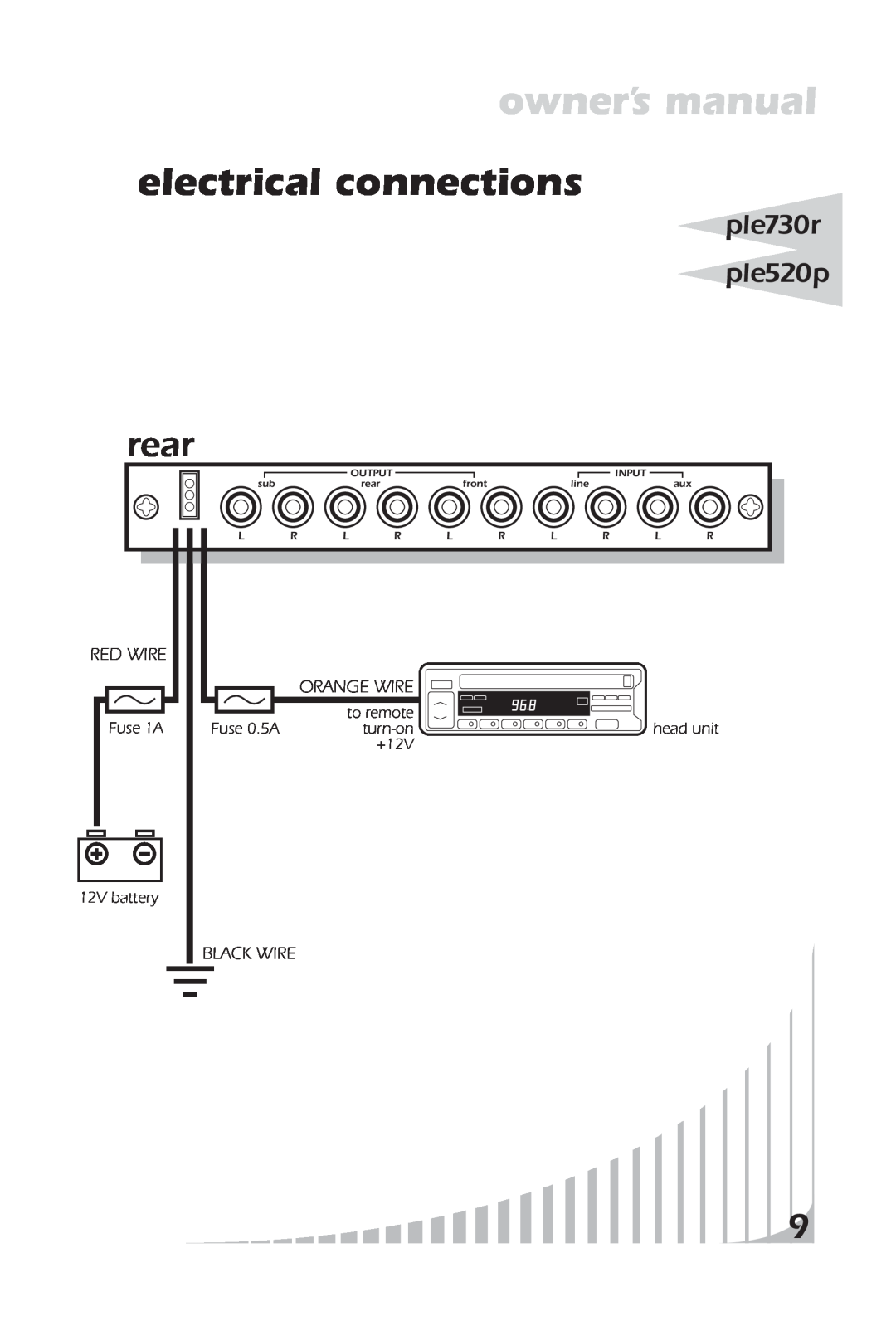 PYLE Audio PLE520P, PLE730R owner manual electrical connections, rear, ple730r ple520p, Input, front, line, Output 