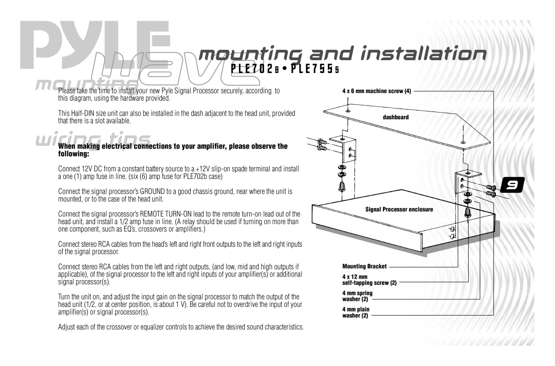 PYLE Audio PLE702B, PLE755S user manual Mounting and installation 