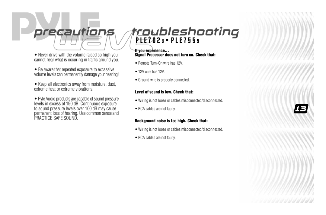 PYLE Audio PLE702B, PLE755S user manual Precautions, Troubleshooting 