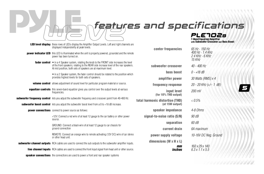 PYLE Audio PLE702B, PLE755S user manual Features and specifications 