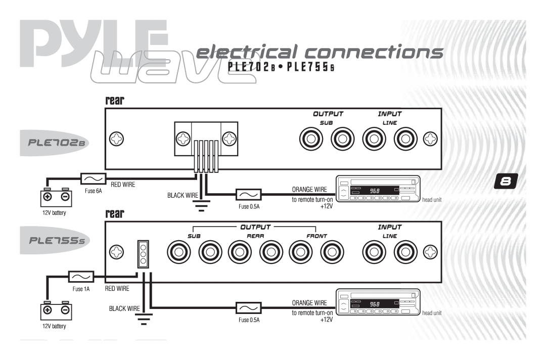 PYLE Audio PLE755S electrical connections, P L E 7 0 2 B P L E 7 5 5 S rear, Outputinput, Rear, PLE702B, Output Input 